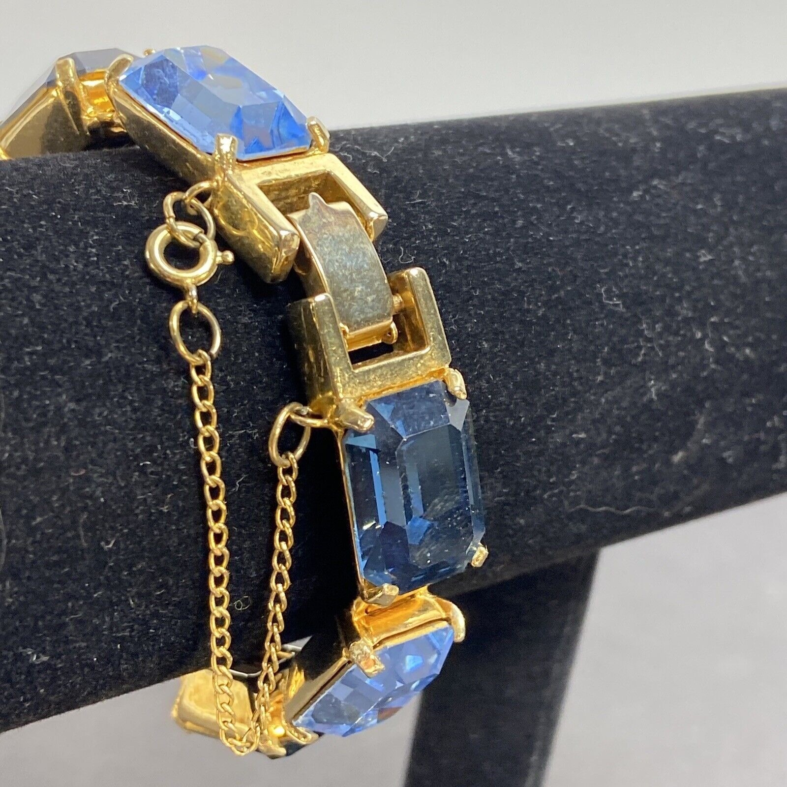 Robert Zentall Bracelet Large Blue Stone GoldTone Fold Over Clasp Safety 1950s