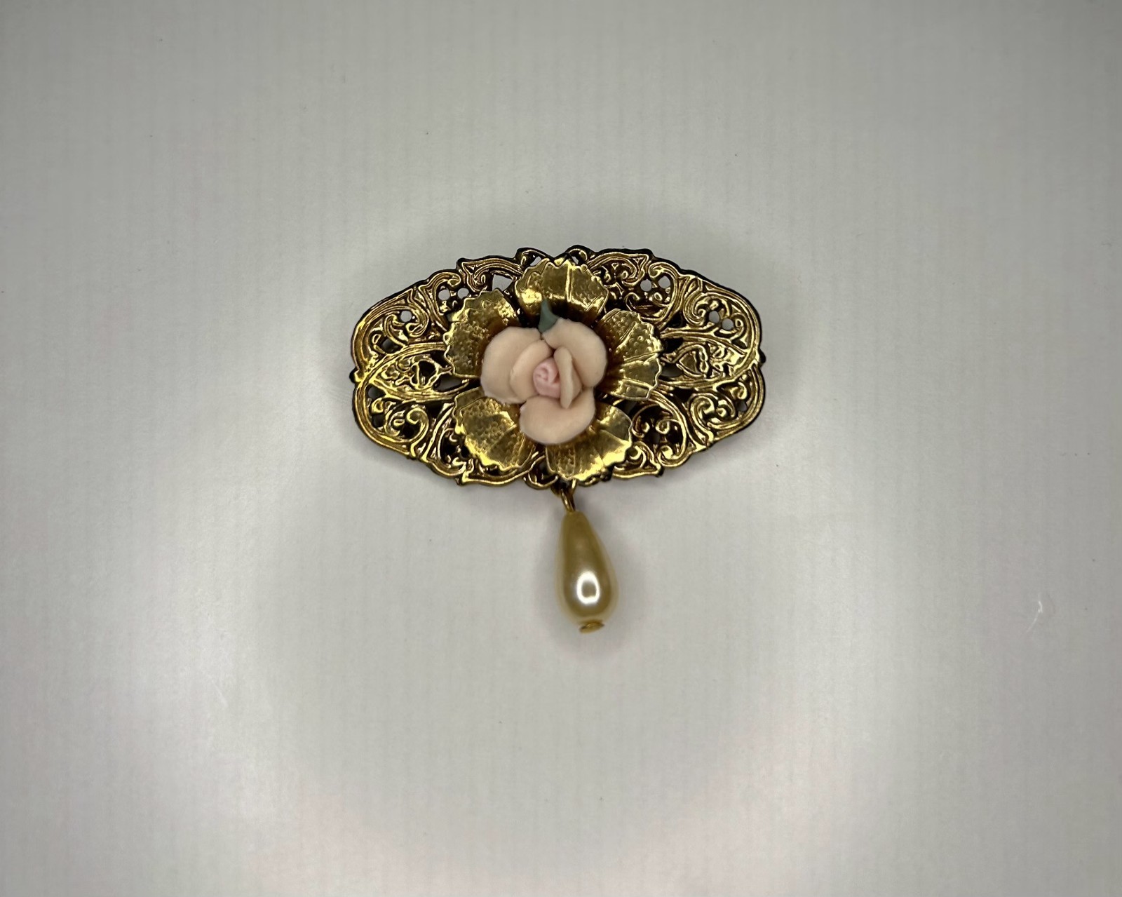 Vintage Brooch Gold Tone Floral Dangle Faux Pearl With Enameled Rose Filigree