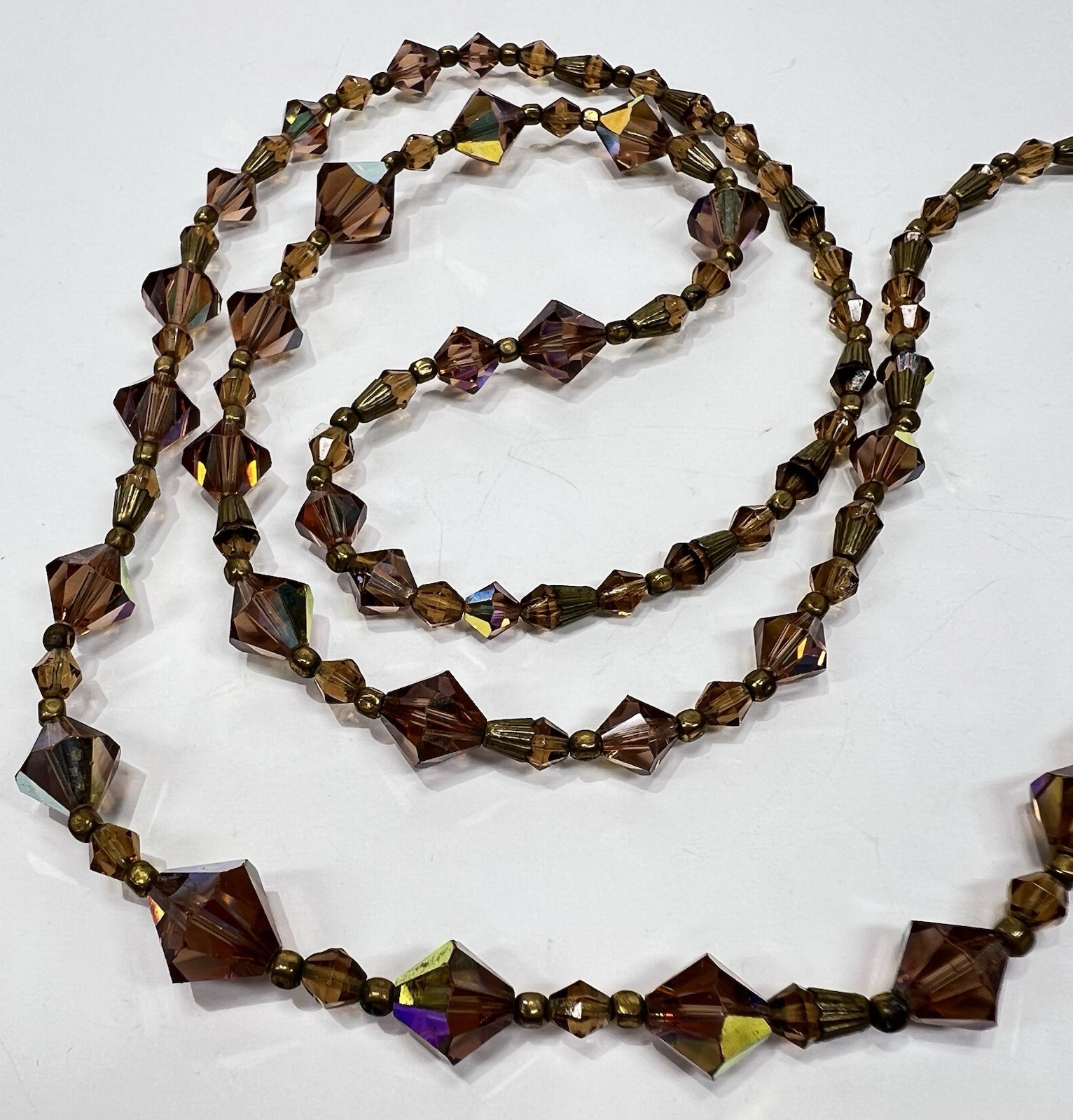 Vintage Faceted Bicone Crystal AB Bronze & Metal Spacers Long Graduated Necklace