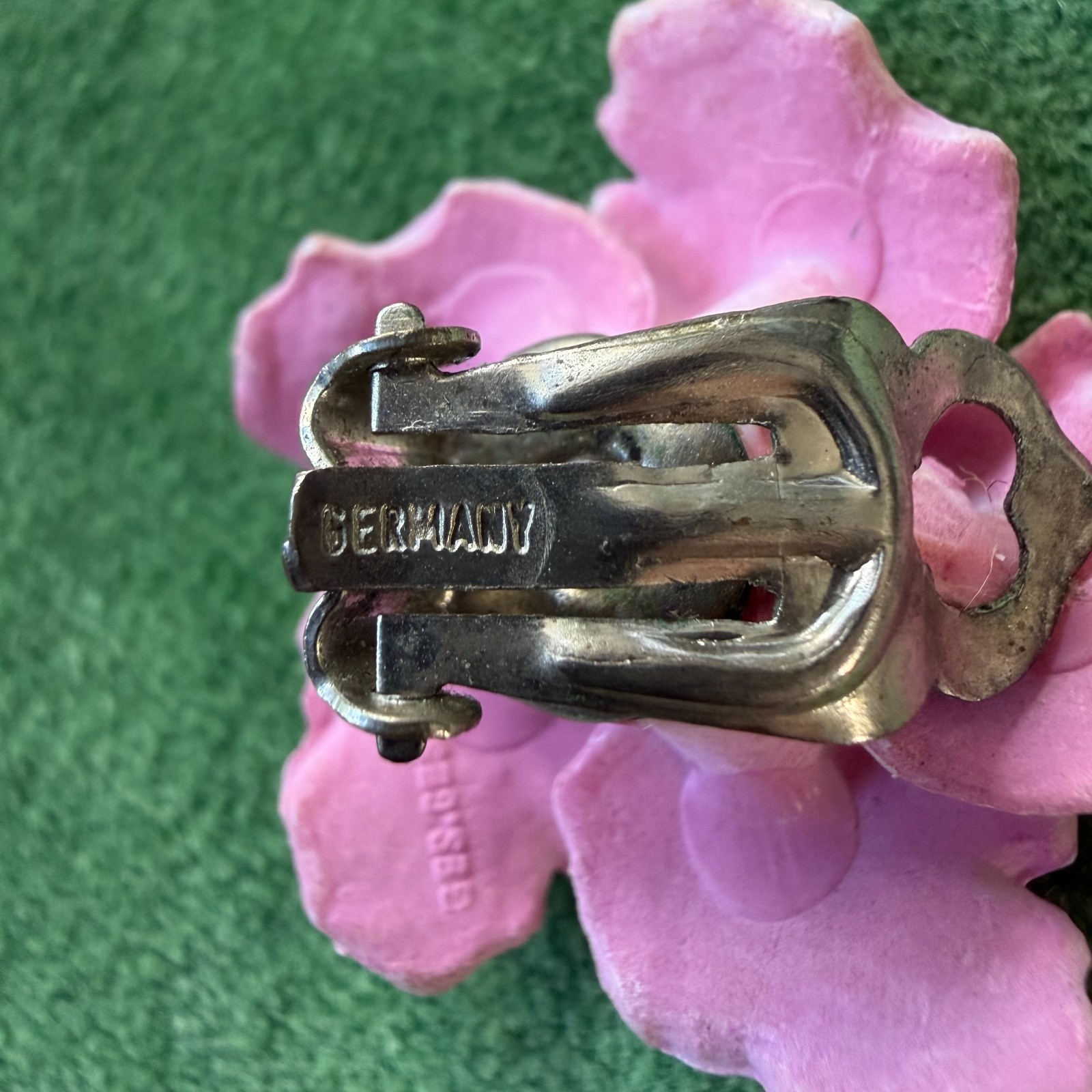 Vintage Celluloid EARRINGS Gesch West Germany Hibiscus Pink Clip On Faux Pearl