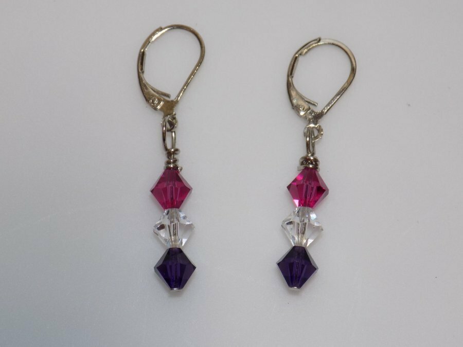 J256-VINTAGE PIERCED EARRINGS~PURPLE/PINK/WHITE CRYSTALS~1.5″ DANGLE