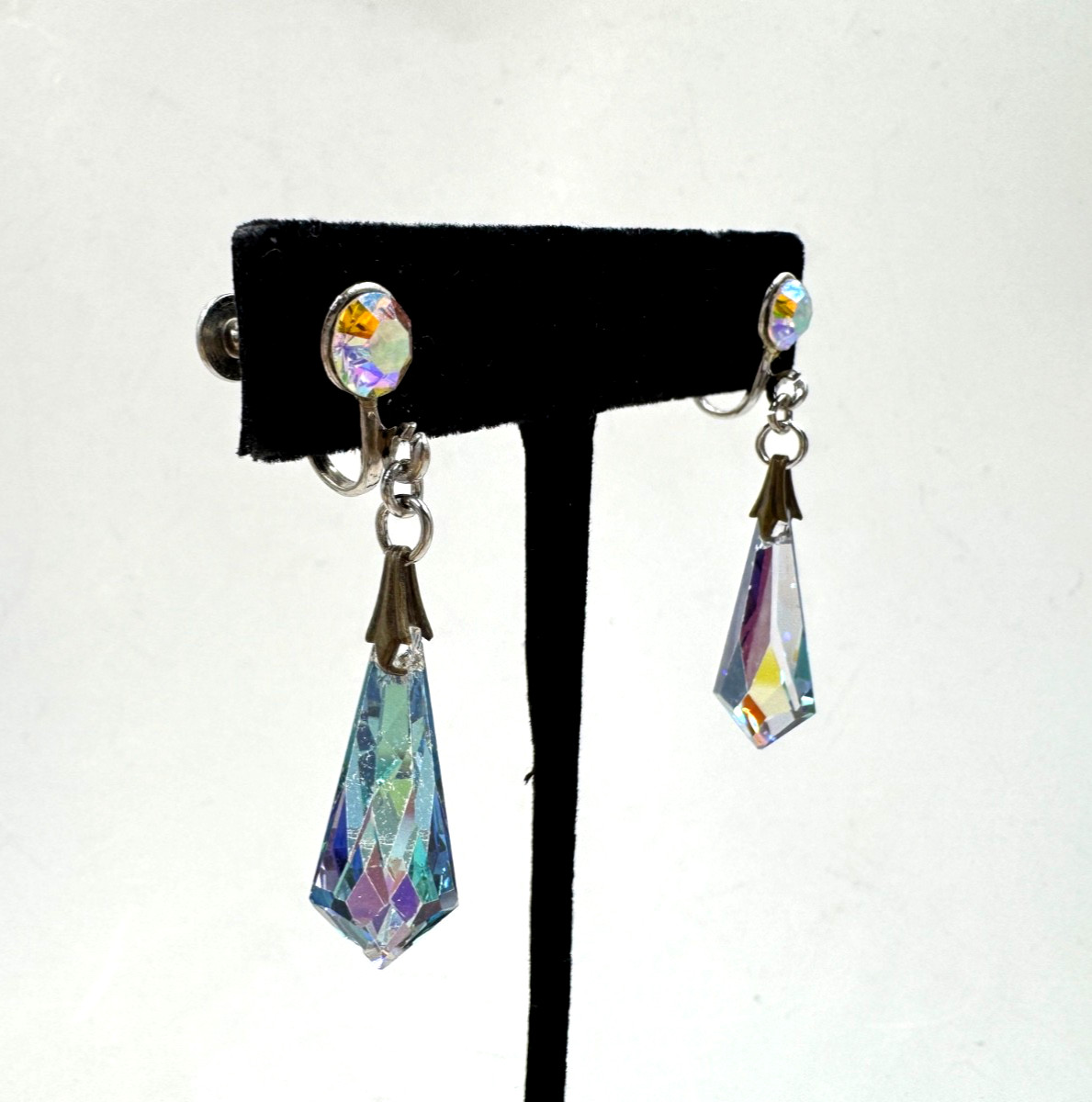 AURORA BOREALIS STELLA CRYSTAL OBELISK GORGEOUS VINTAGE DROP EARRINGS SCREW BACK
