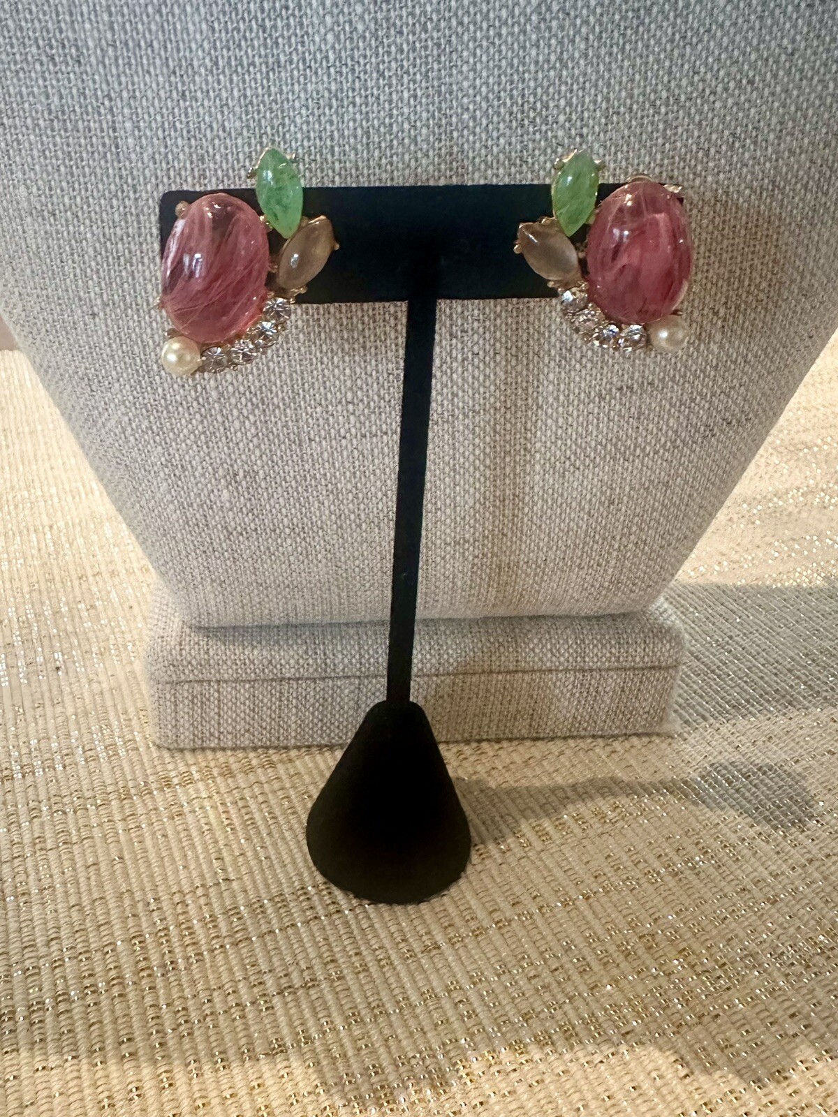 Vintage GAY BOYER Pink Cabochon And Faux Pearl Clip Earrings