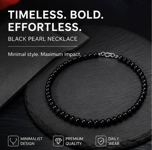 Unisex Faux Pearl Beaded Necklace, Black, 45cm Matte Choker Chain, Minimalist