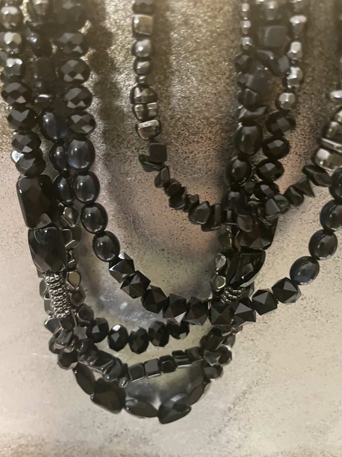 Vintage Black Crystal Like Multi-Strand Necklace: Elegant Beaded Jewelry 50”