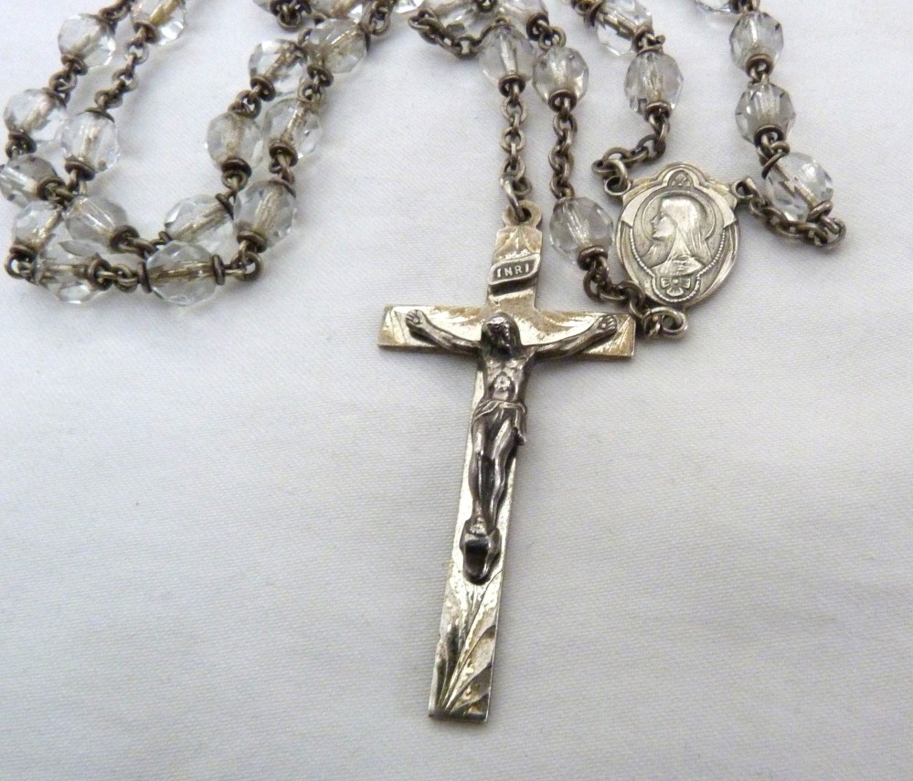 VINTAGE HMH STERLING SILVER SACRED HEART OF JESUS MARY CRYSTAL BEADS ROSARY