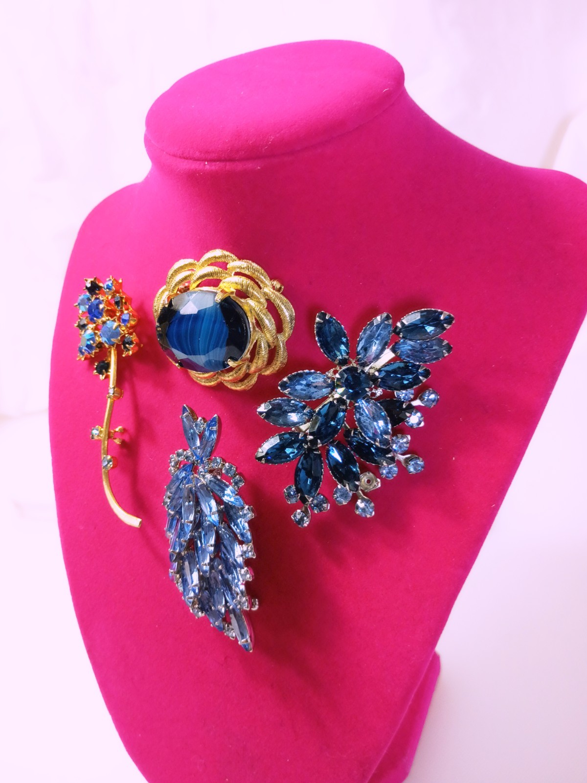 Rhinestone Costume Vintage Jewelry Lot, 4 Piece, Blue, Silver Tones, Gold Tones