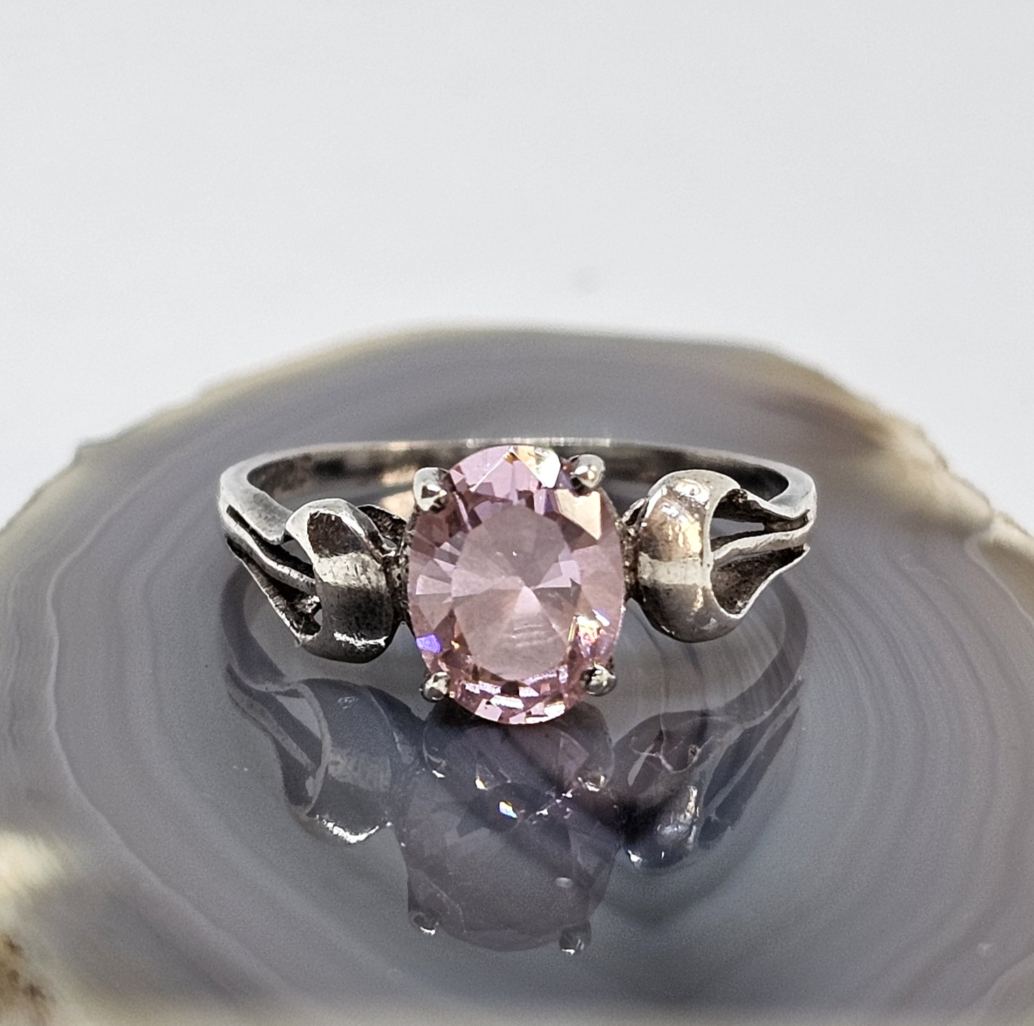 925 Sterling Silver Ring Size 6.5 Pink Crystal Oval Stone Vintage Jewelry