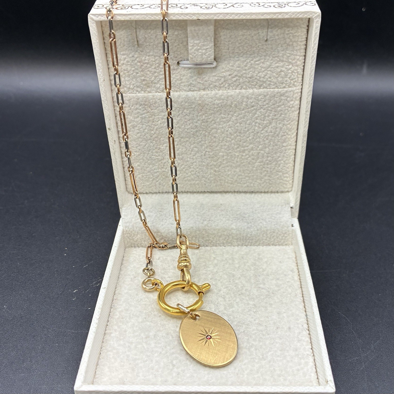 Vintage 12k Gold Filled Pocket Watch Chain FOB,Dog Clip,O-Ring, Ruby-Glass Charm