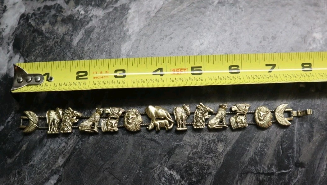 Vintage Slide Safari Animals Charm Bracelet Gold Tone Metal