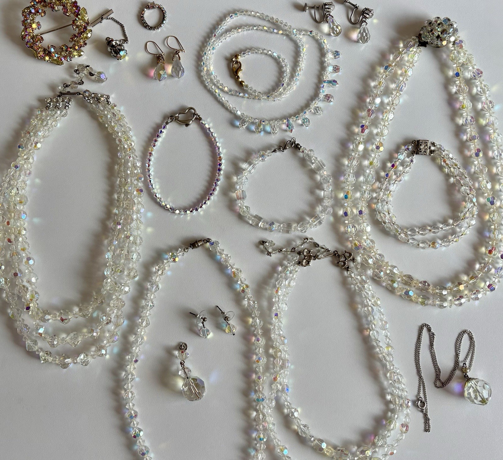 Vintage Crystal Aurora Borealis Necklace Bracelet Earrings Brooch Pin Ring Lot