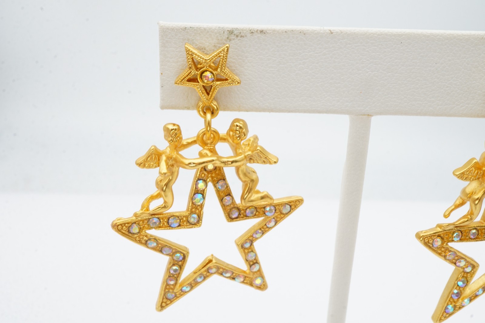 Vintage Earrings Gold Tone Rhinestone Angels Stars