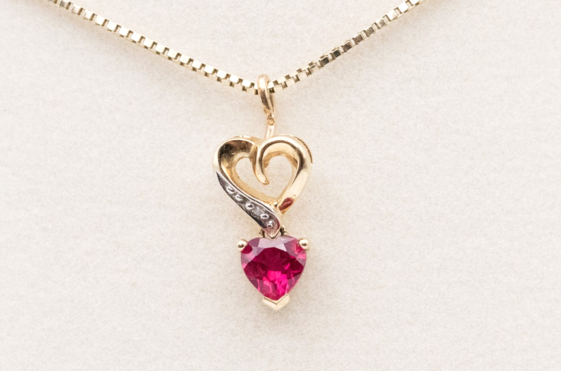 10K Yellow Gold Heart Ruby Stone Pendant Only with Diamond Accent