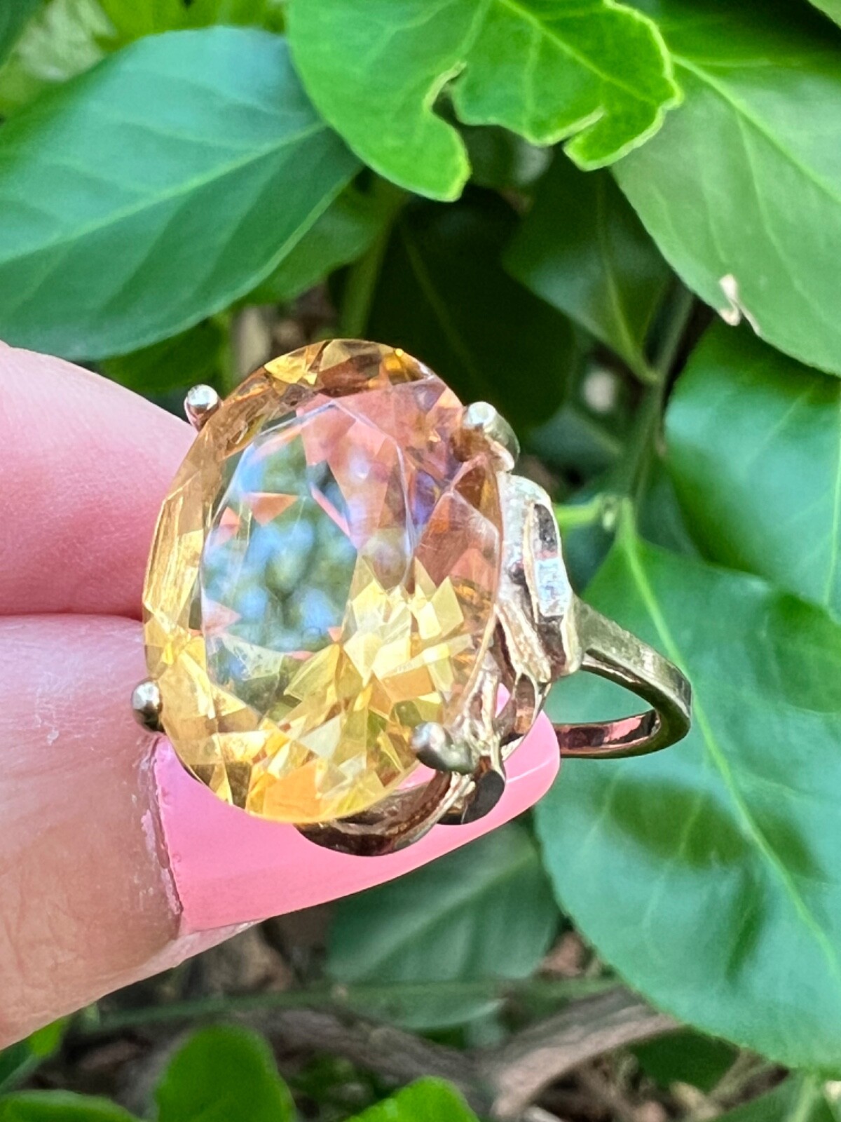 VINTAGE LARGE OVAL HONEY GOLDEN CITRINE STATEMENT RING GILDED 925 STERLING SLVER