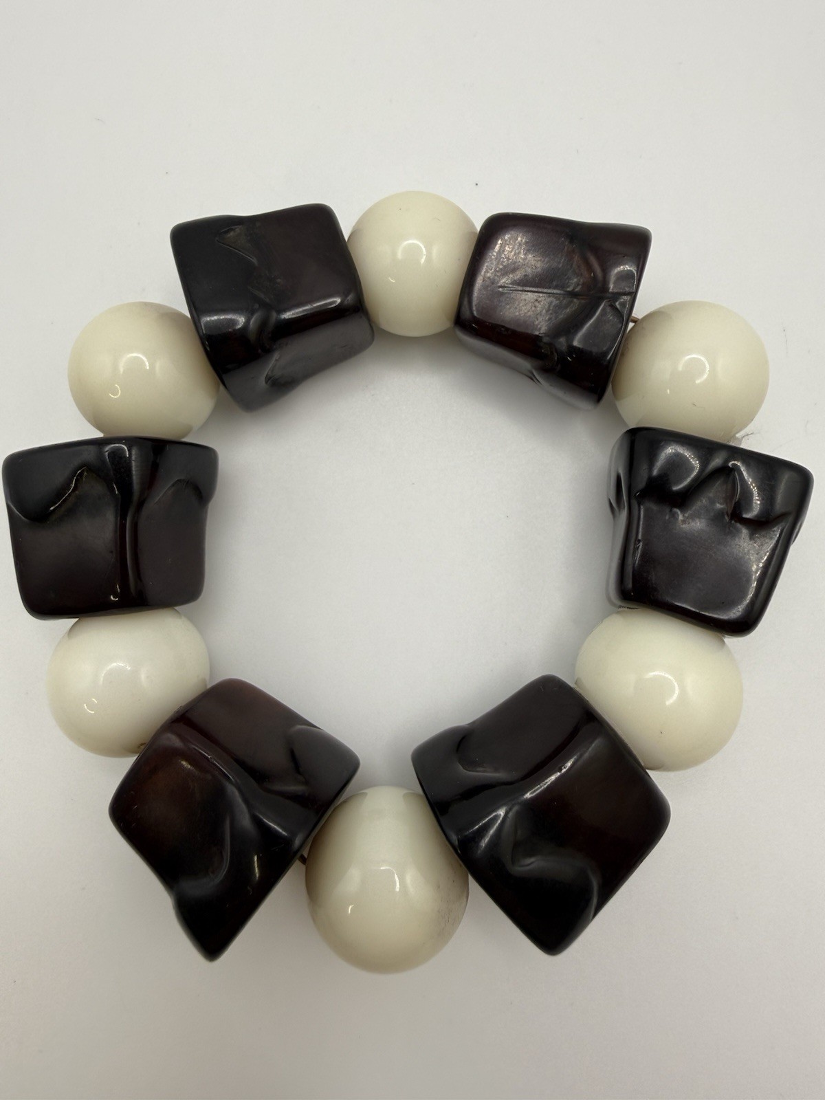 Vintage Chunky Brown & White Lucite Bead Stretch Bracelet Statement
