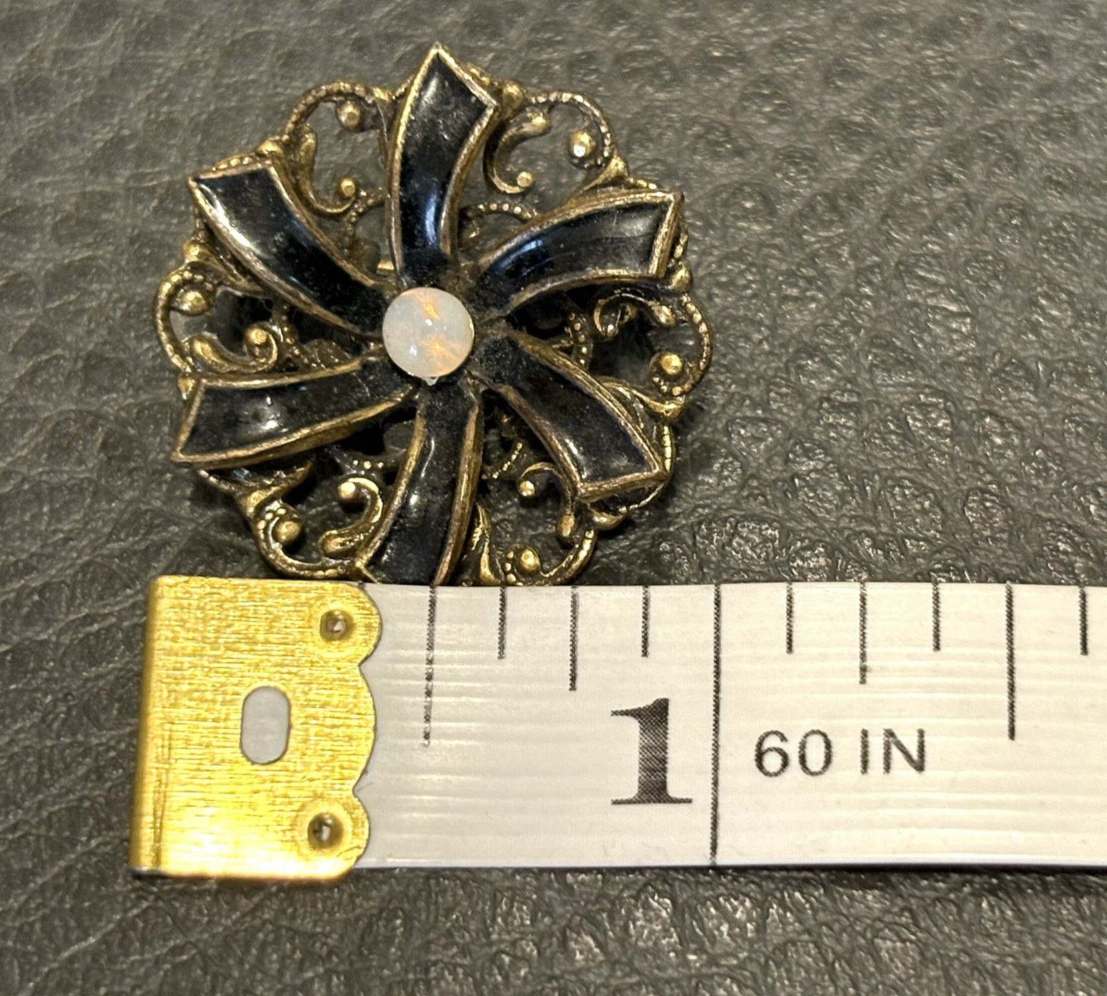Vintage Victorian Black Enamel Gold Tone Faux Jelly Opal Flower Brooch Pin