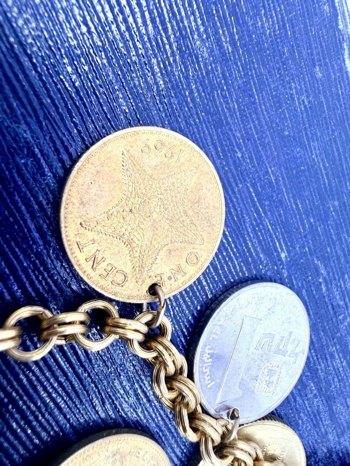Vintage Coin Necklace Israel Bahamas Mixed Coins Charms 18” Gold Tone Chain HJ