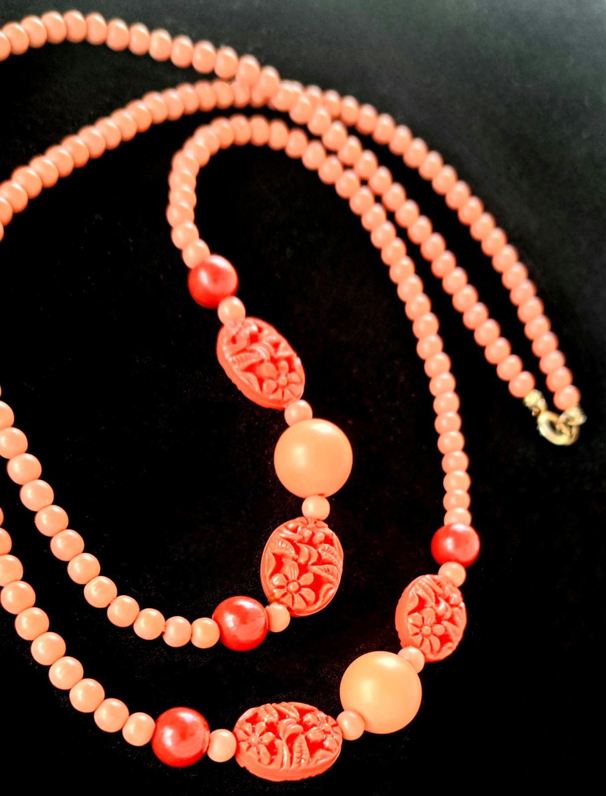 Vintage 30″ Faux Coral Necklace Pink Peach Salmon Color—Art Deco Nouveau MCM