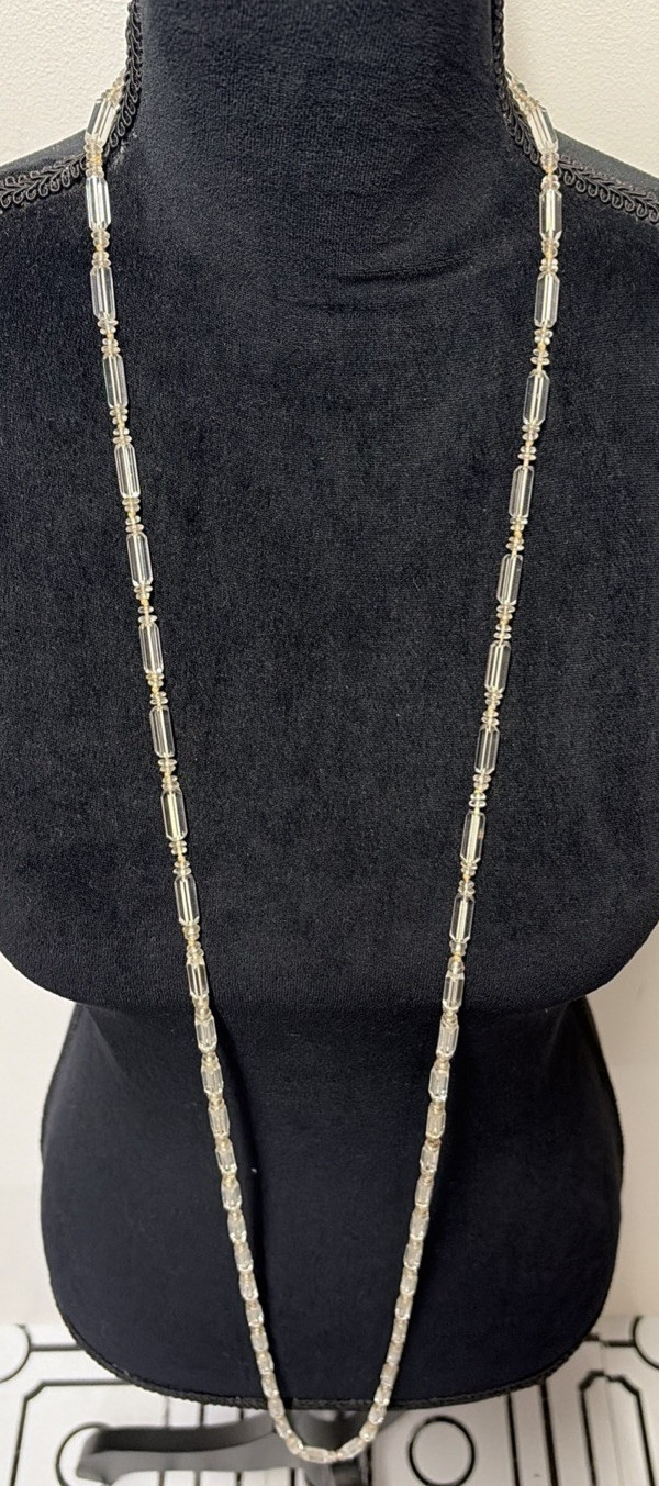 Antique Clear Glass Faceted Beaded Long Flapper Necklace 30″