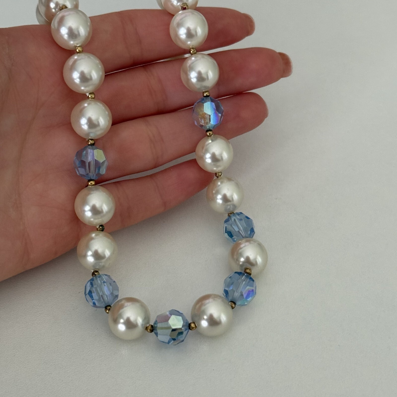 Vintage Blue AB Crystal Faux Pearl Acrylic Beaded Choker Necklace