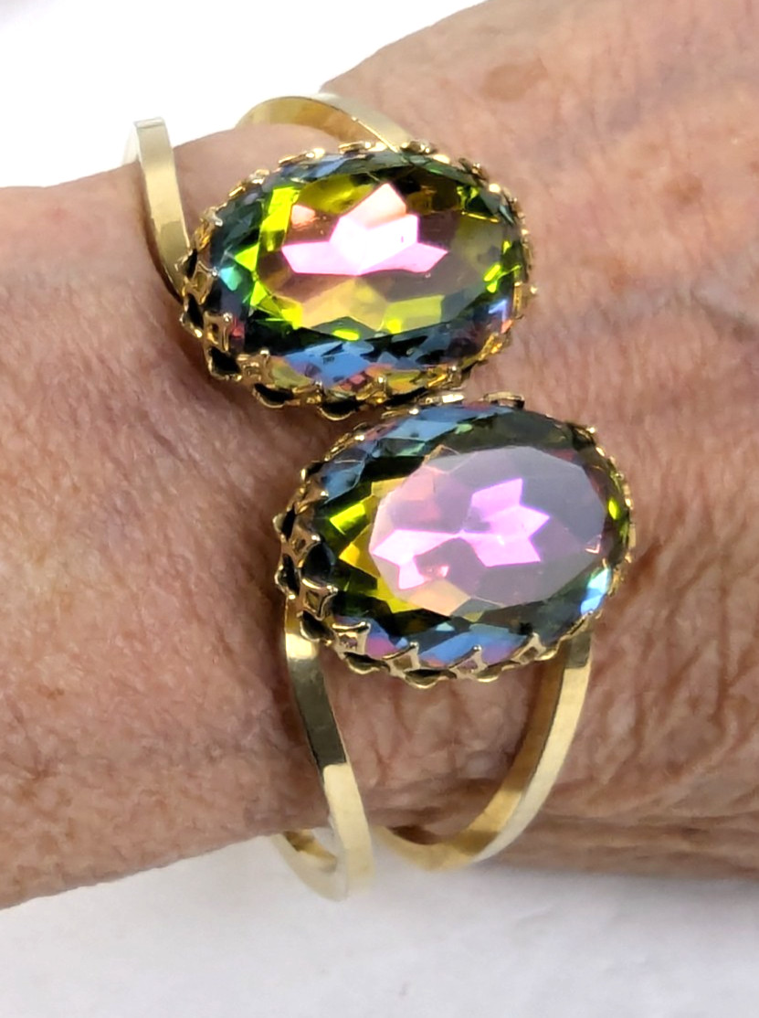 Estate Vintage Large Watermelon Heliotrope Crystals Clamper Bracelet Unsigned