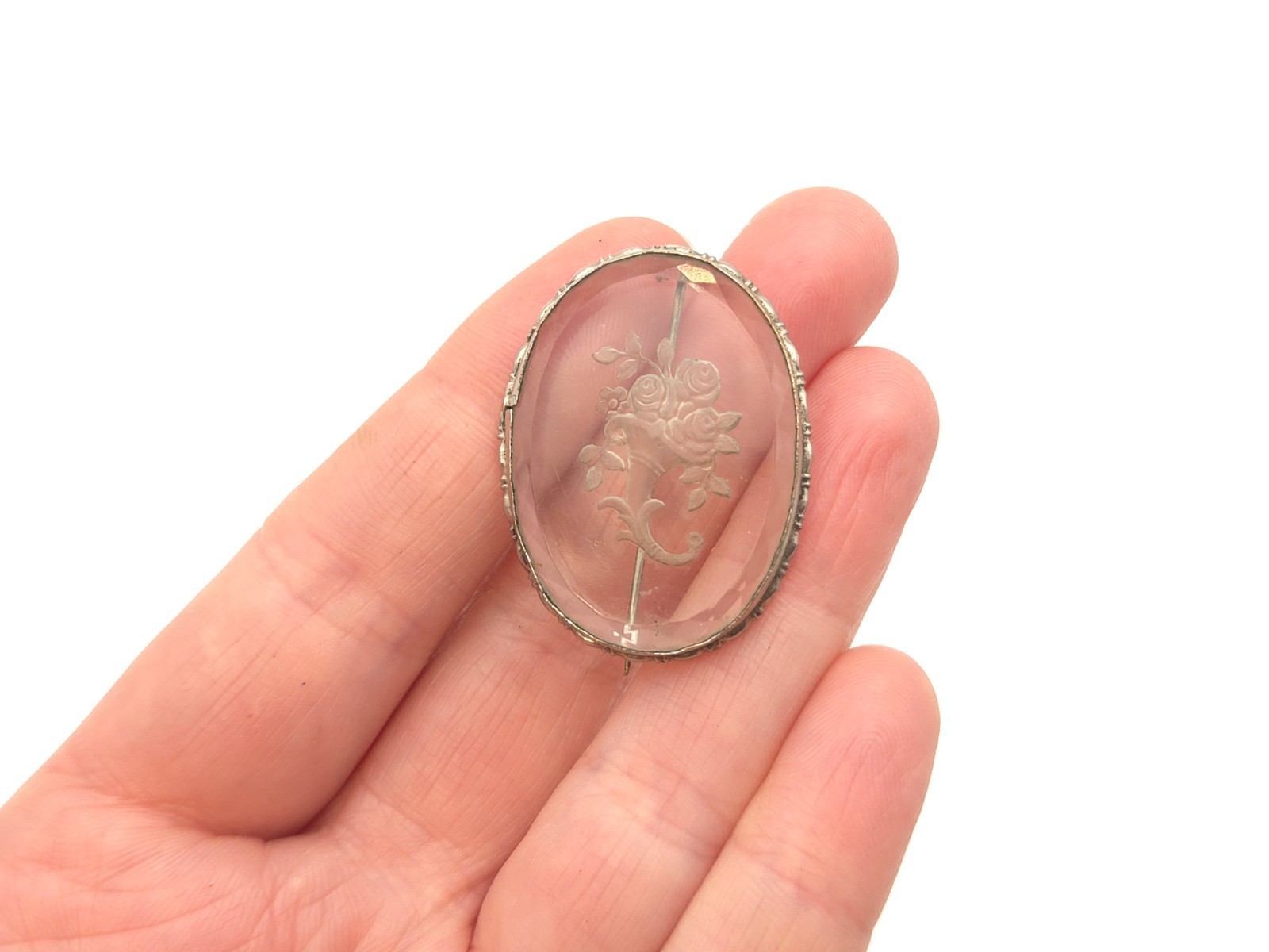 Vintage Reverse Carved Intaglio Glass Rose Flower Bouquet Basket Brooch Pin