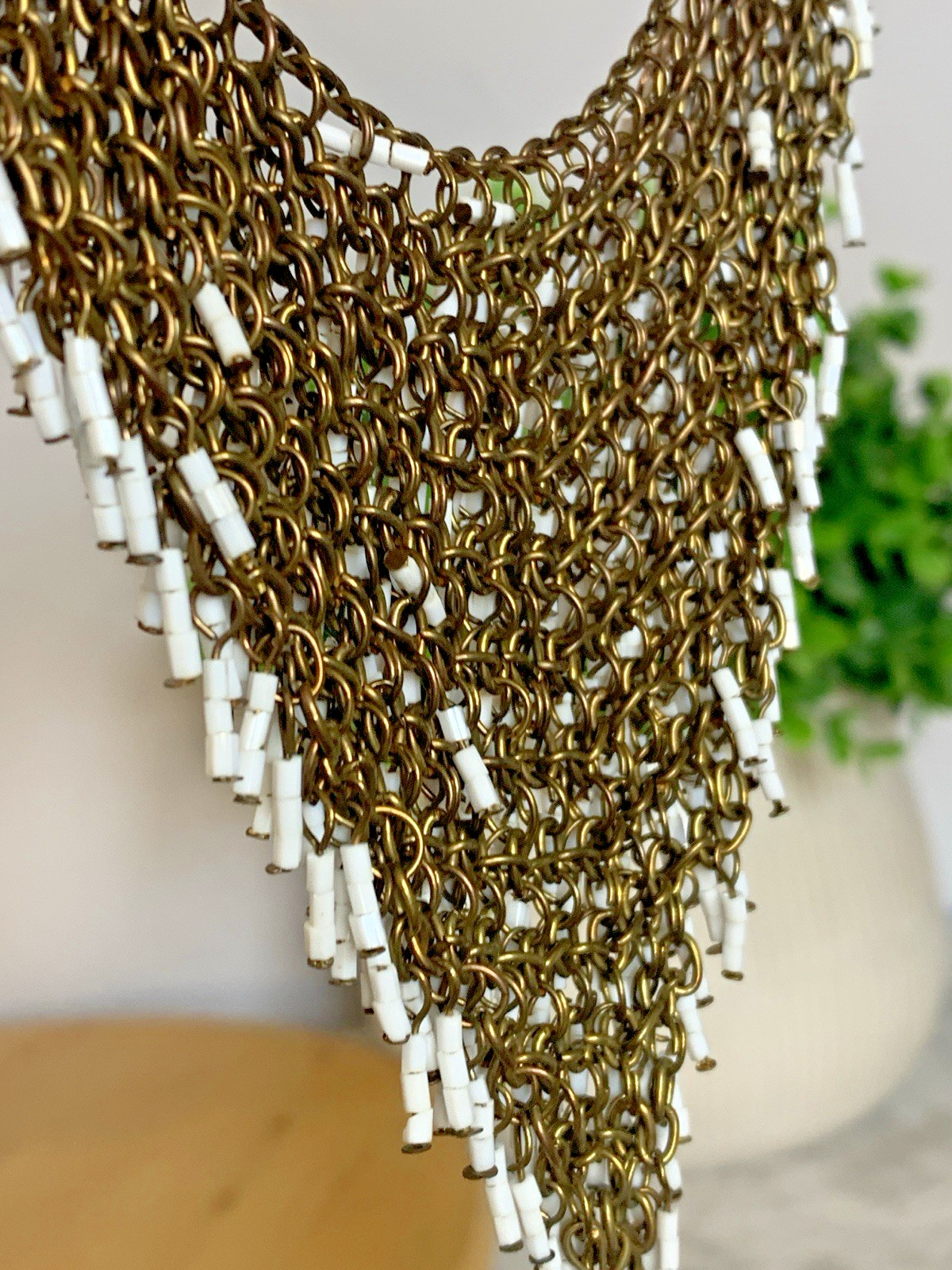 Vintage Beaded Fringe Bib Necklace White Bugle Bead Cascade Statement