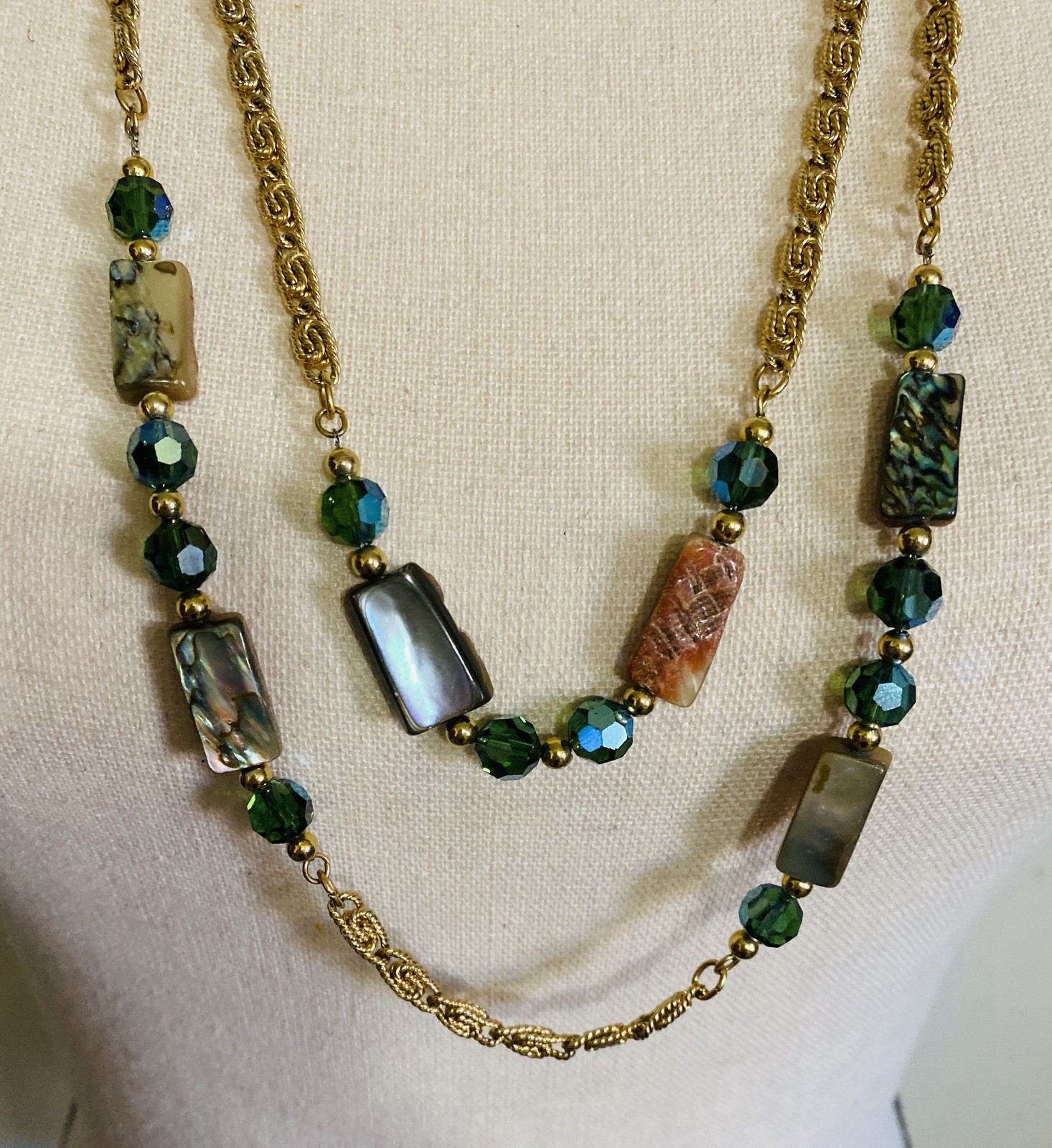 Vintage 80s NAPIER Necklace Abalone Mother Of Pearl & Green Crystals Boho Chic