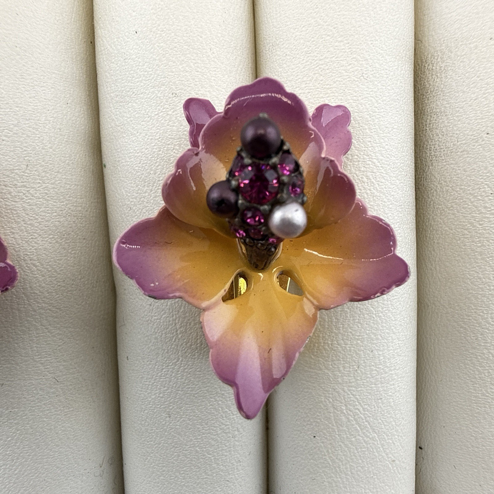 Vintage Joan Rivers Earrings Orchid Flower Floral Enamel Clip On Pink Purple