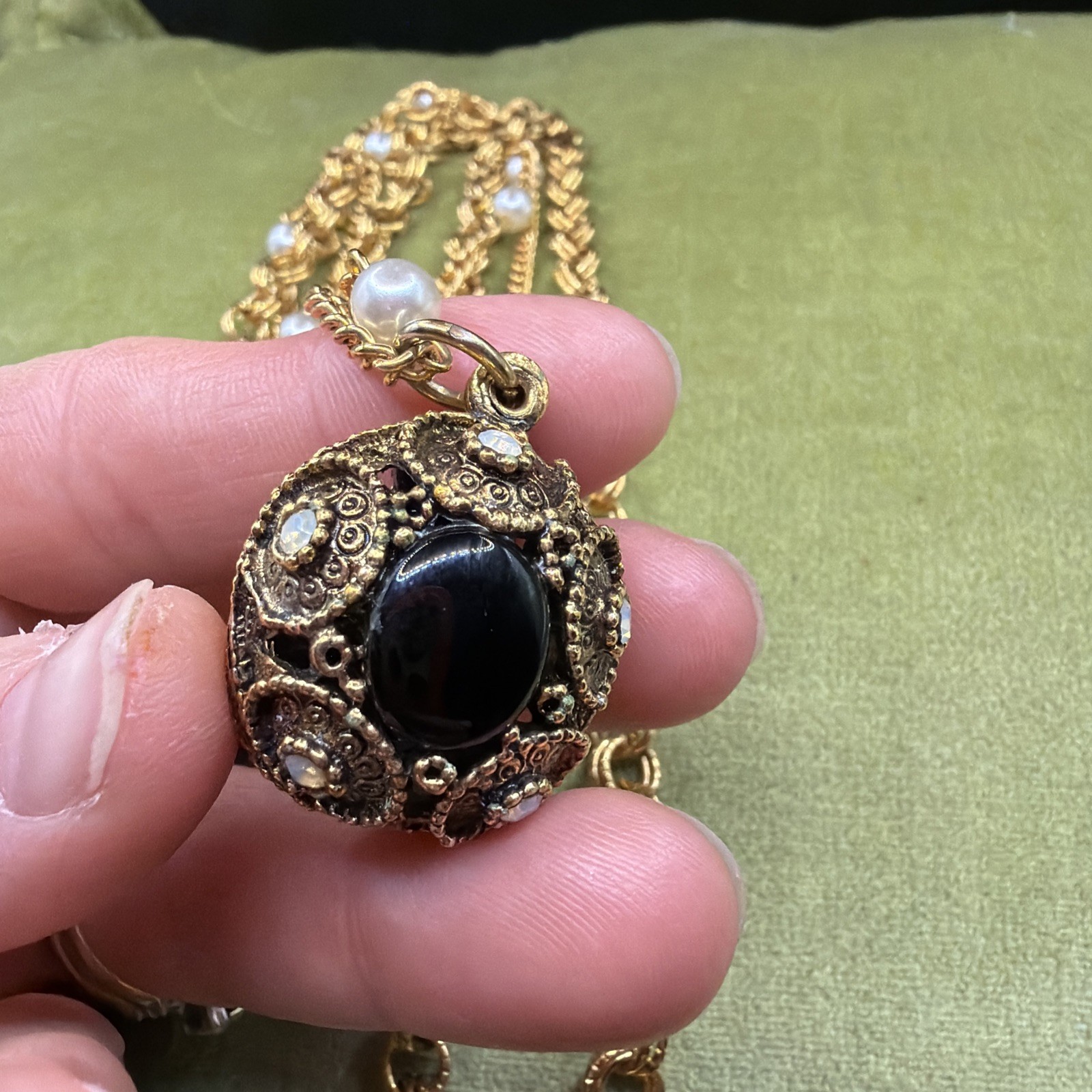 Victorian Revival Black Onyx Cabochon Pearl Station Pendant Necklace Long