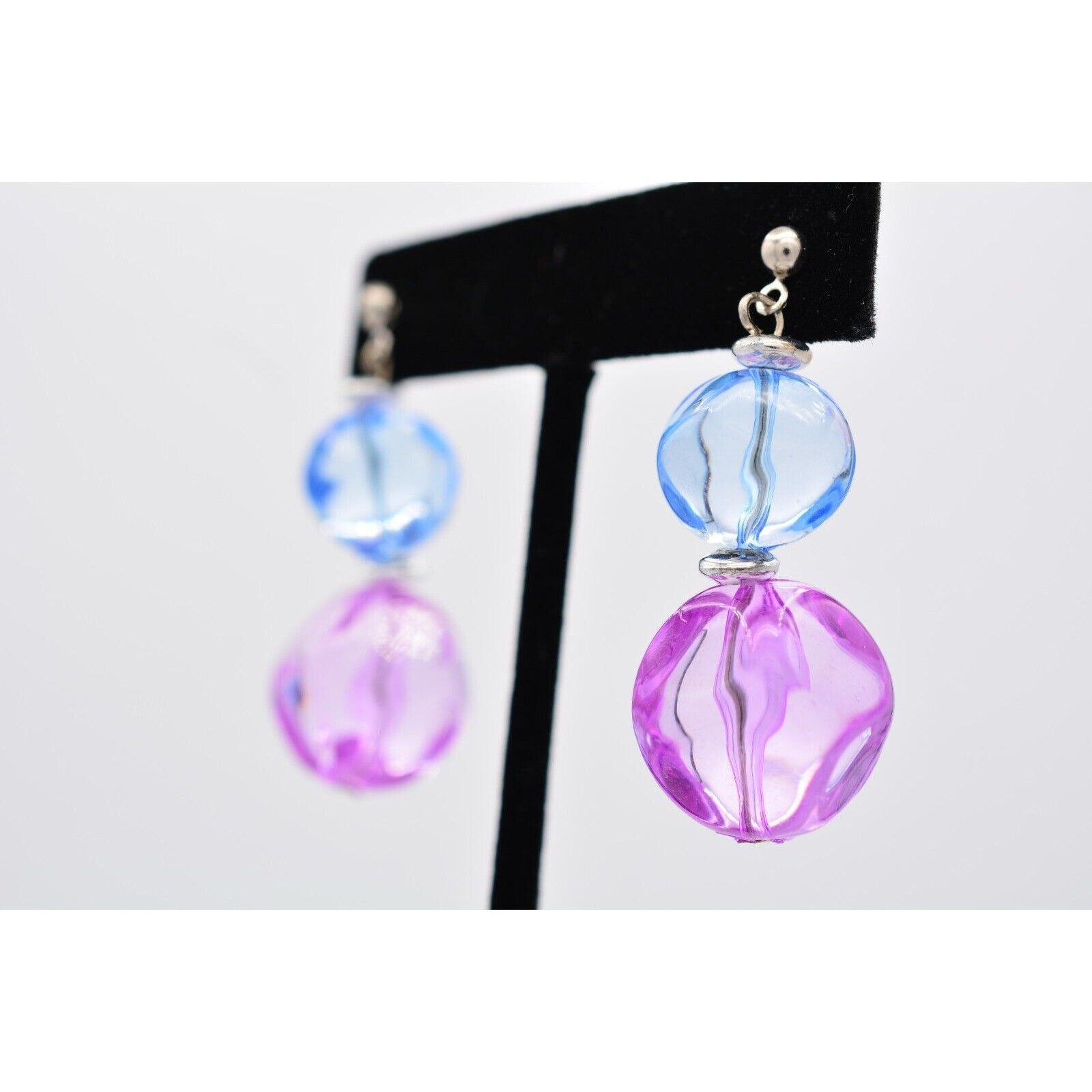 Vintage Lucite Beaded Dangle Earrings Blue Juicy Pink Drop Chunky Bright 80s W1