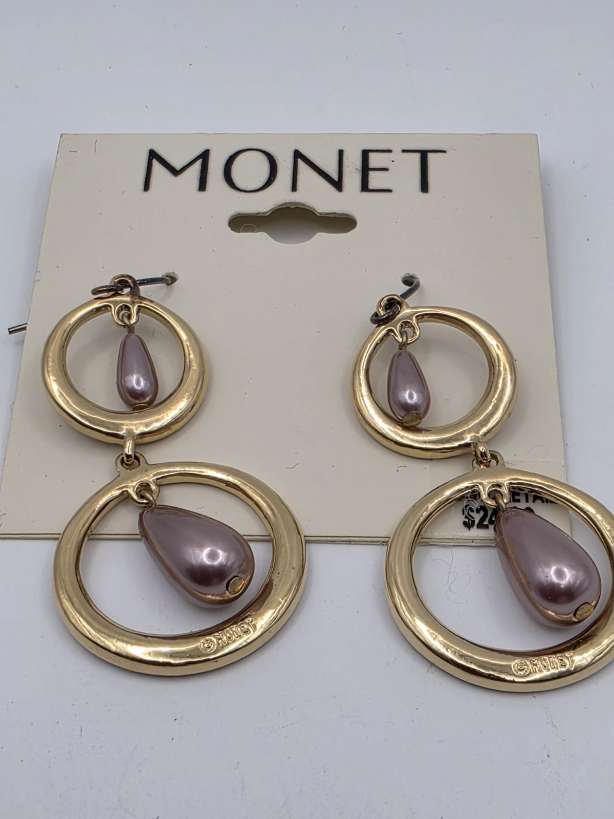 Monet Dangle Drop Gold Tone Beaded Pierced Earrings Never Worn (A)
