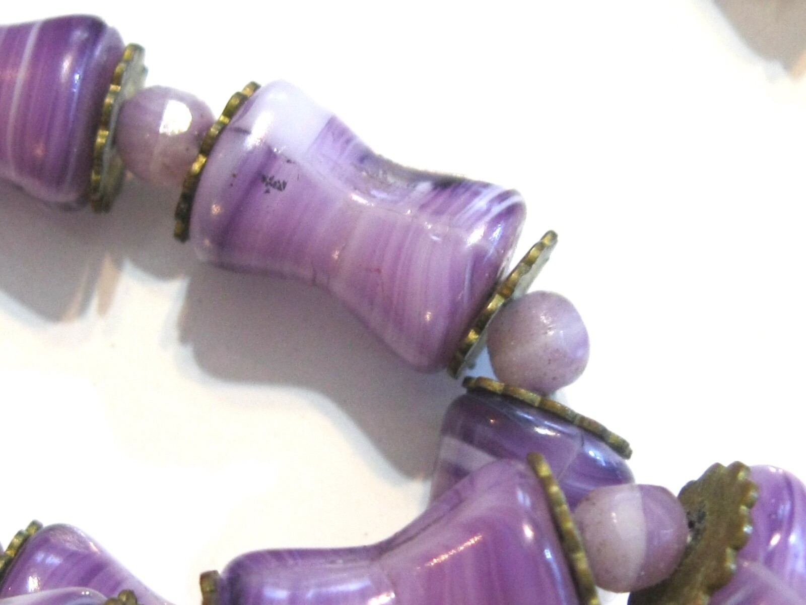 NEIGER BROS ANTIQUE ART DECO CZECH GLASS BEAD NECKLACE RARE PURPLE TAN FLORAL