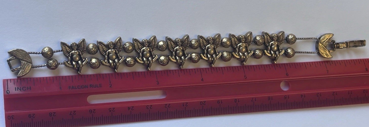 Vintage Cherub Cupid Angel Link Bracelet Bronze Tone Figural Romantic Gothic