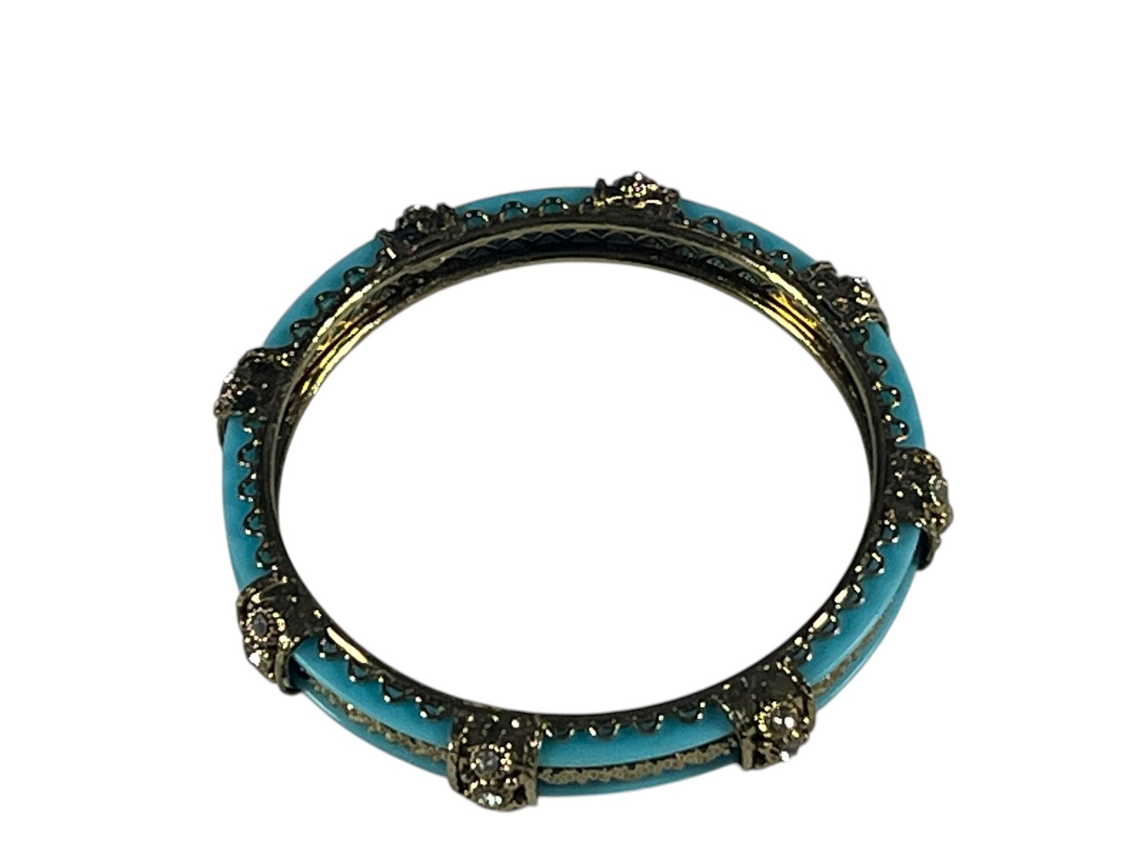 Vintage Gold Tone Turquoise Blue Enamel Rhinestone Hinged Bangle 3″ Bracelet