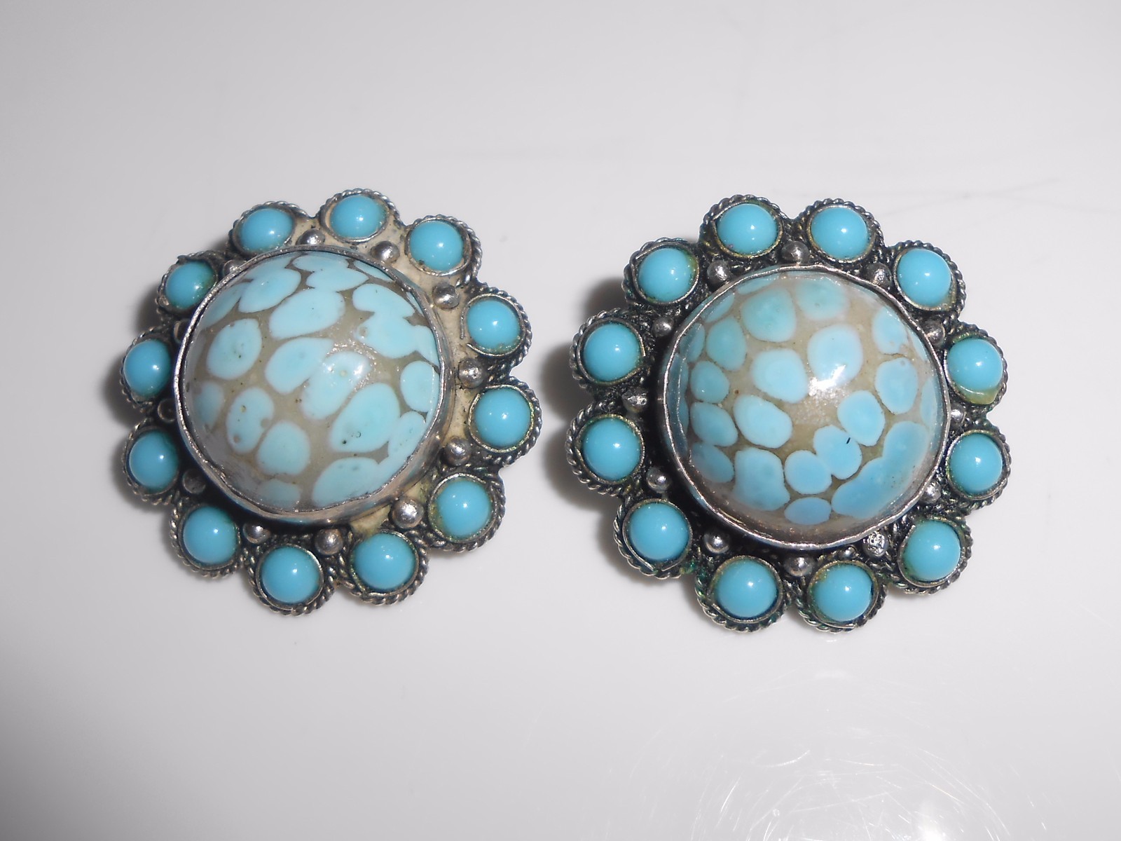 Cannetille Earrings Turquoise Glass 900 Silver Clip Backs Marked YT Antique