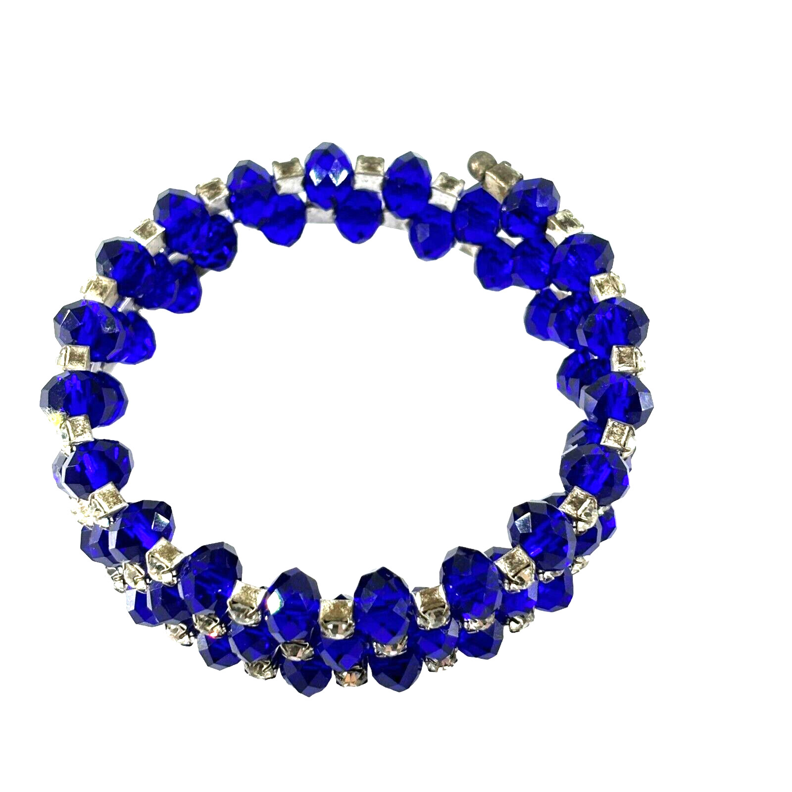 Vintage Multi Strand Crystal Bracelet Blue with Clear Rhinestone Stretch Wrap