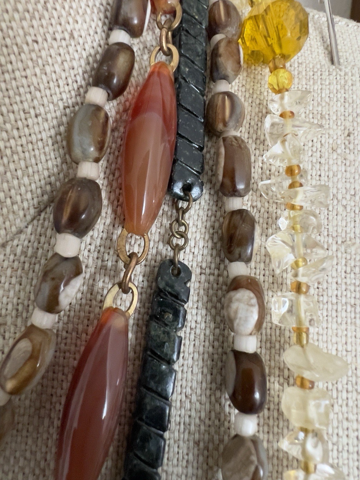 Vintage Lot – 4 Boho Necklaces: 20-48” – Moss Agate, Citrine, Trochus Shell Bead