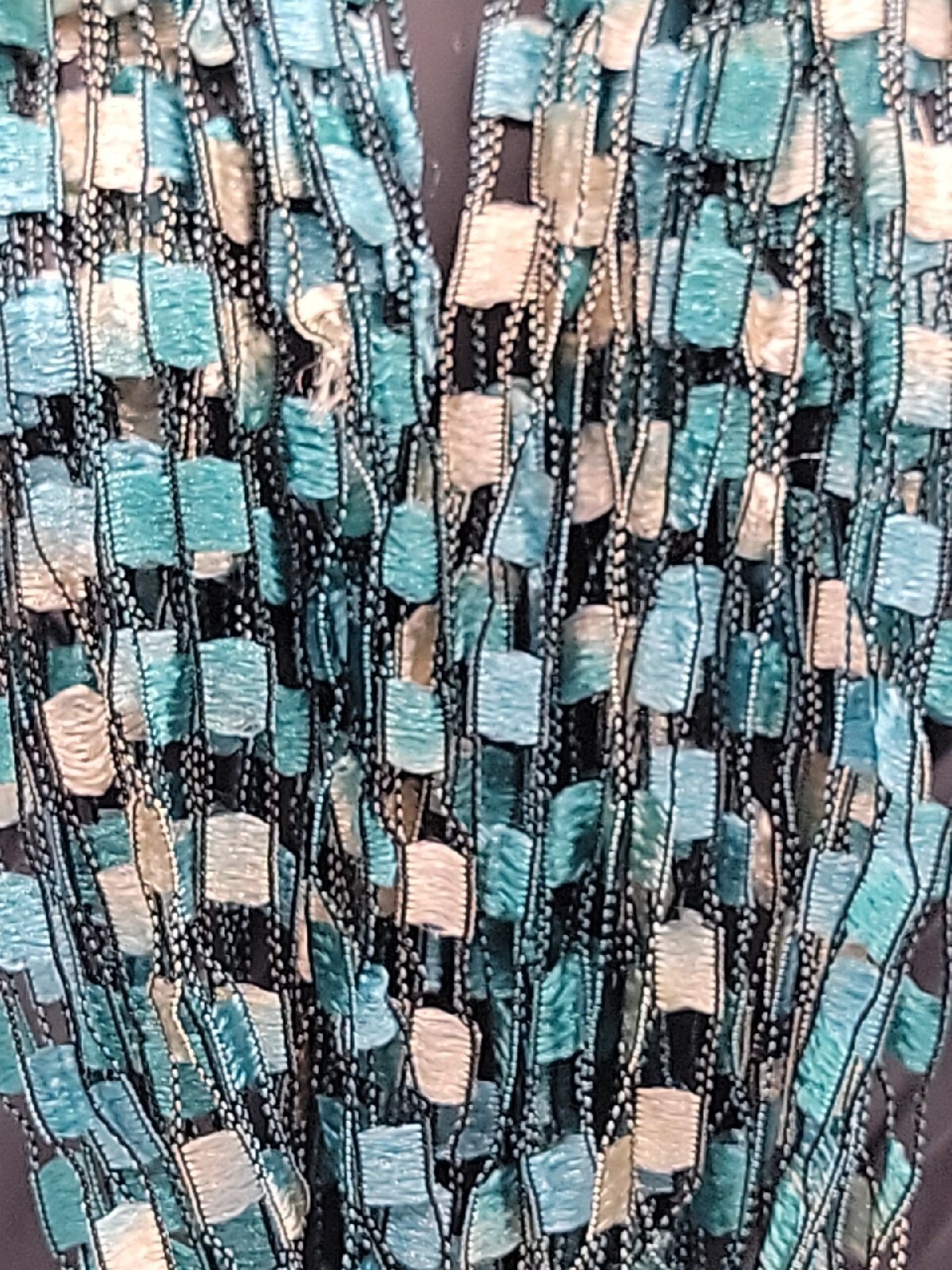 Scarf Ribbon Necklace Turquoise White Block Pattern 24″ Necklace VTG