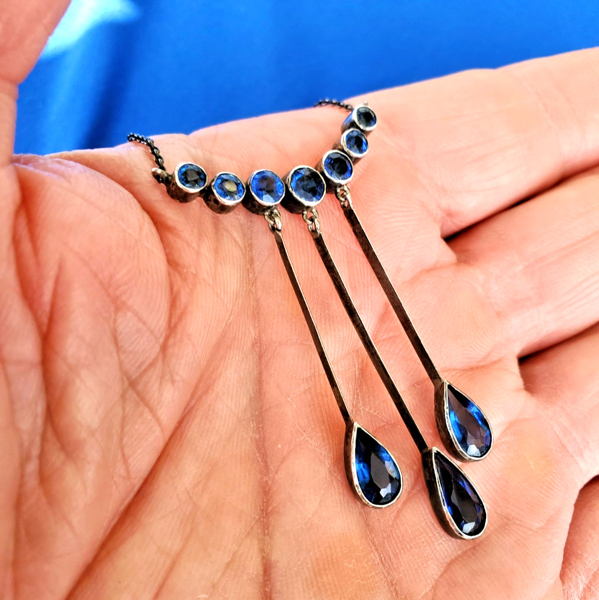 Original STERLING SILVER 925 Deco Modernist Rare Necklace Vintage Sapphire Paste