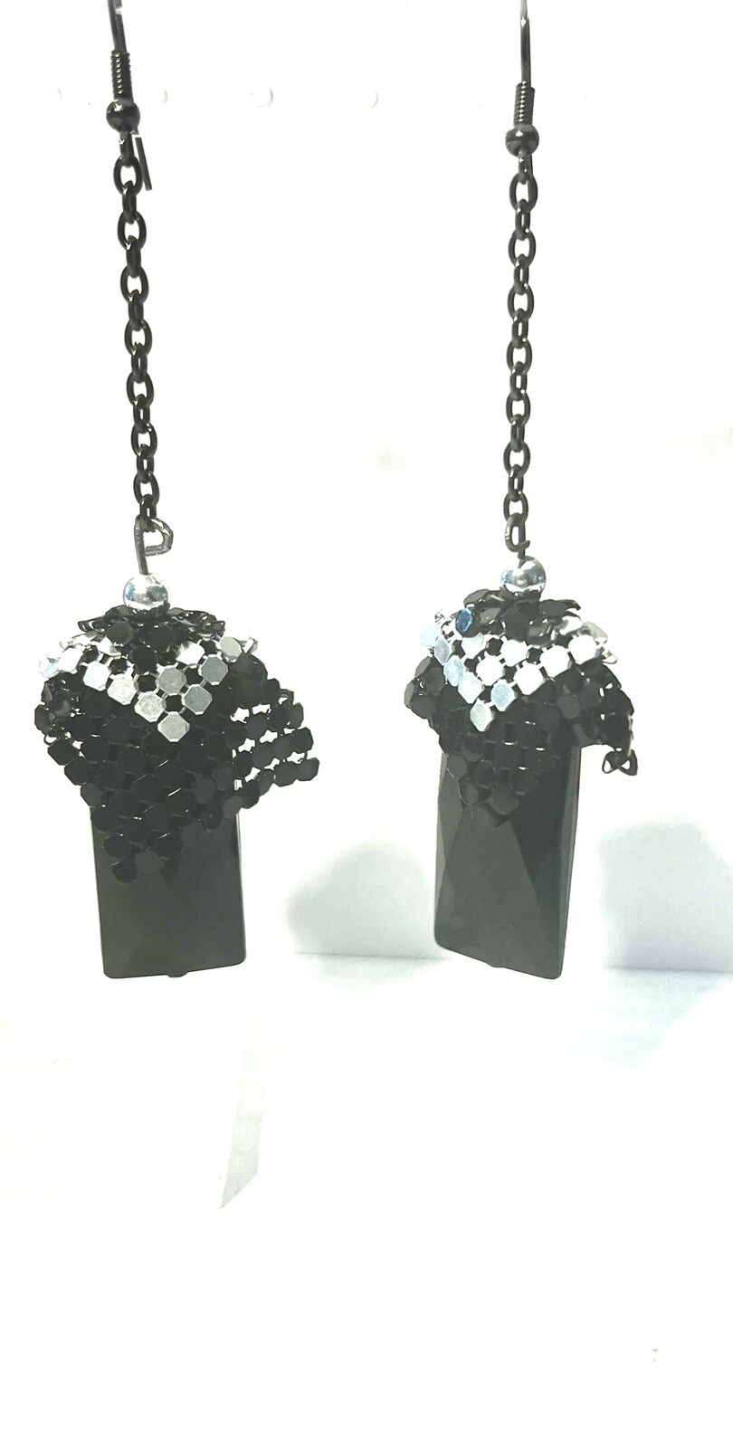Vintage Retro Dangle Black And Silver Tone Metal Chain And Crystal Hook Earrings