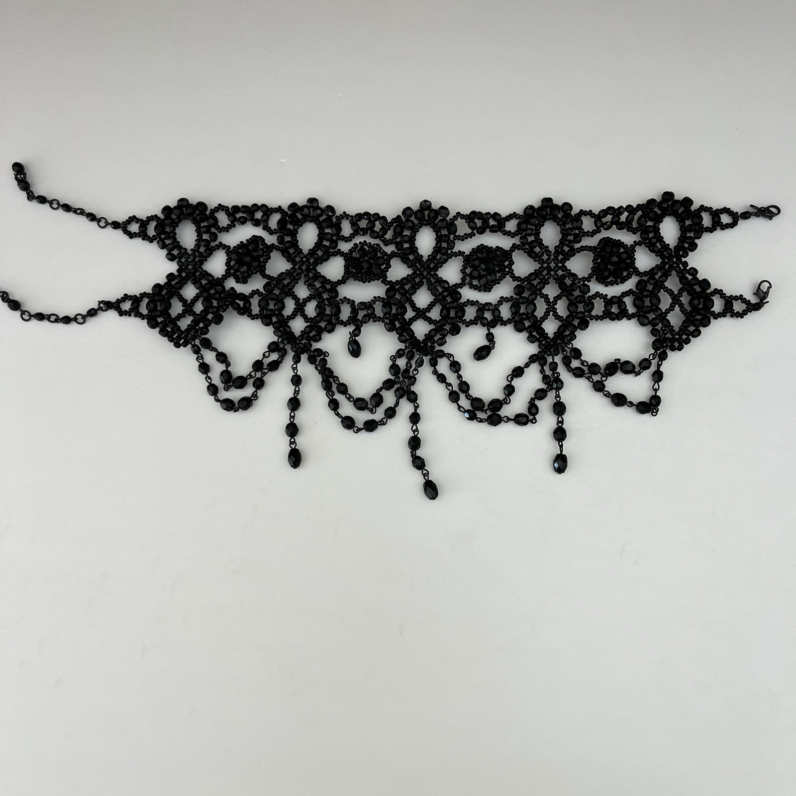 Vintage Anouska Hempel Black Glass Bead Choker Necklace Victorian Gothic