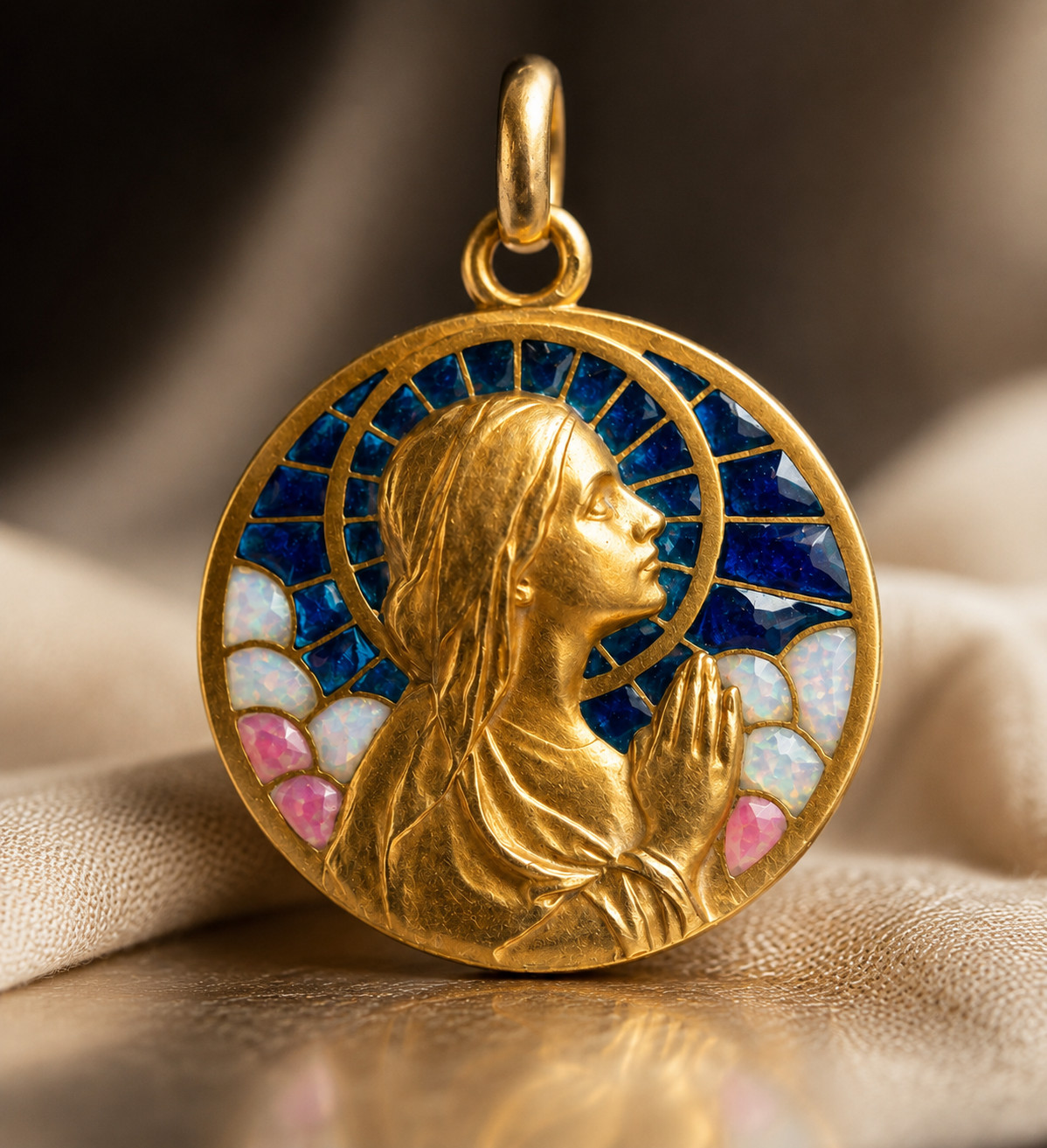 Antique Art Nouveau 18K Gold Virgin Mary Plique-à-Jour Enamel Pendant c1900 Rare