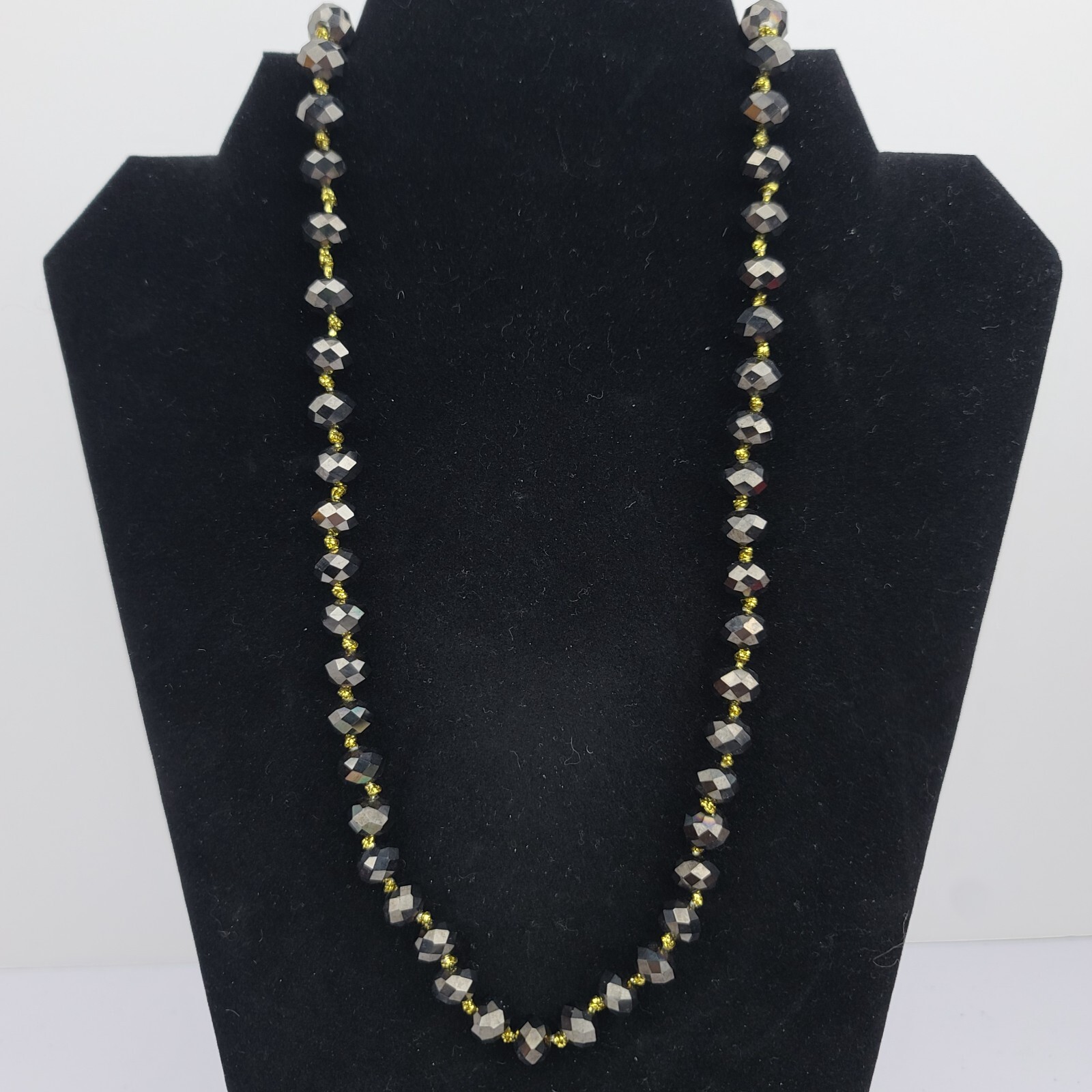 Smokey Aurora Borealis Glass Crystal Beaded Gold Hand Knotted Rope Necklace 28″