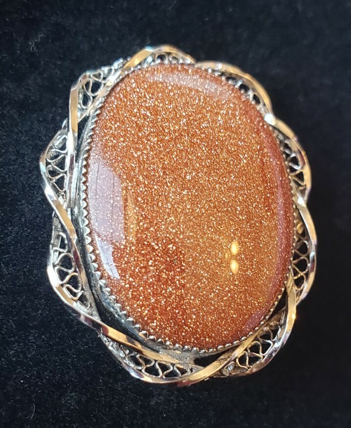 VTG Sorrento Goldstone Brooch & Pendent Silvertone Filagree Swril Ornate Pin