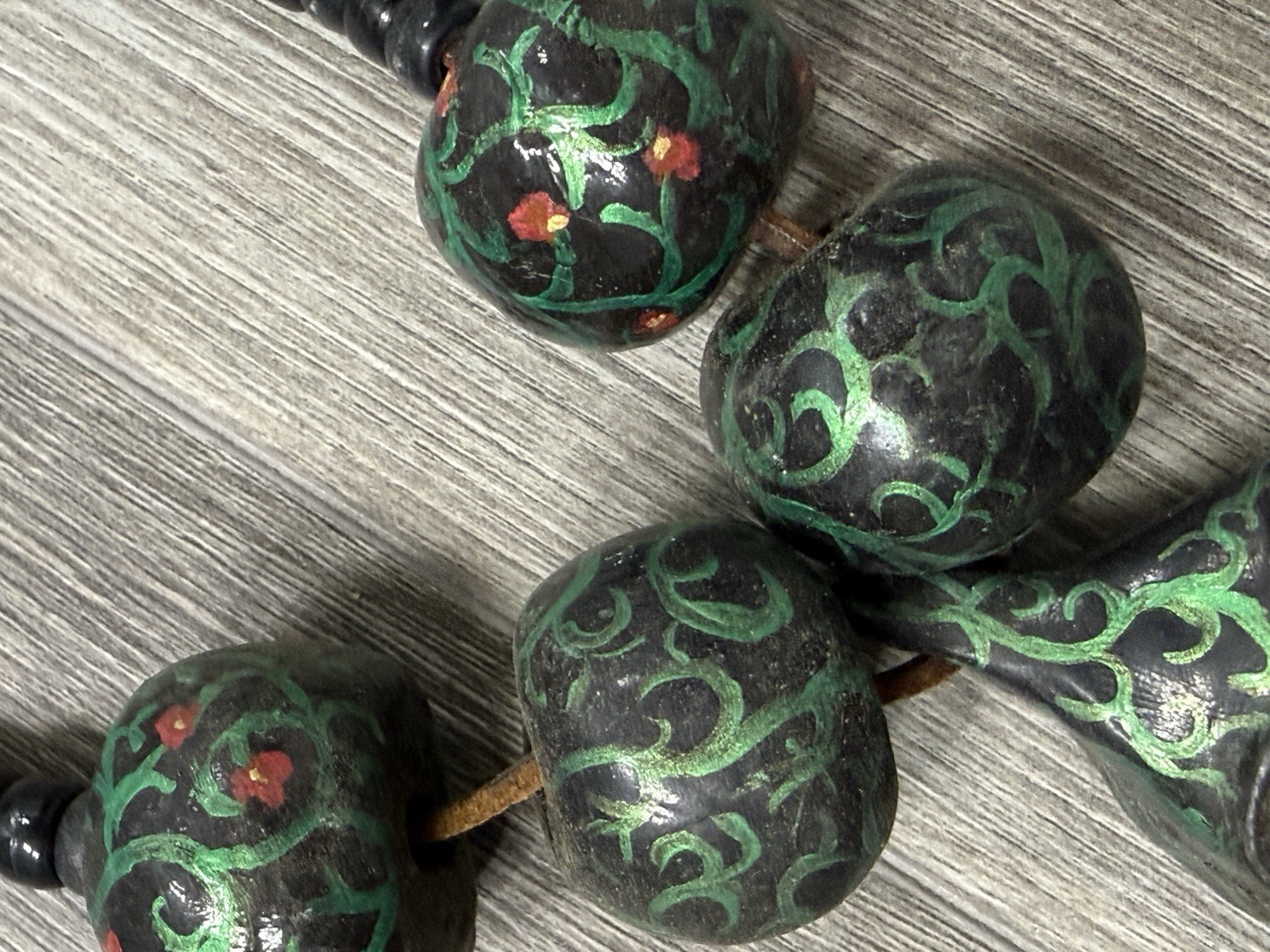 Vintage Folk Art Snake Necklace Hand Painted Beads Leather Cord Tribal Primitive