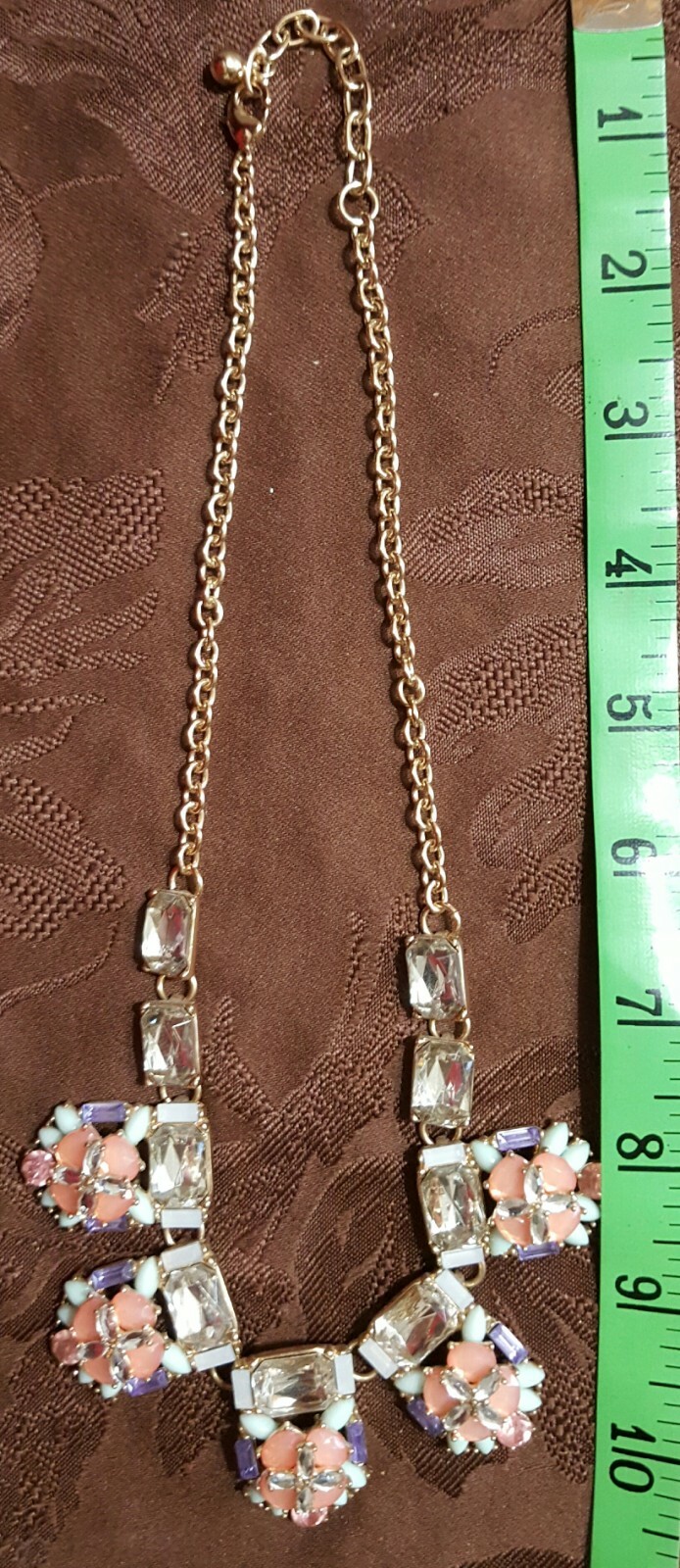 Vintage Clear Rhinestone & Pastel multi color stone Statement Necklace Gold Tone
