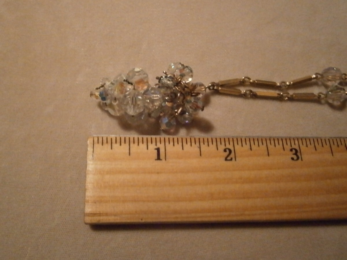 Vtg Gold Tone Bar Link AB Crystal Bead Necklace with Articulated Cluster Pendant