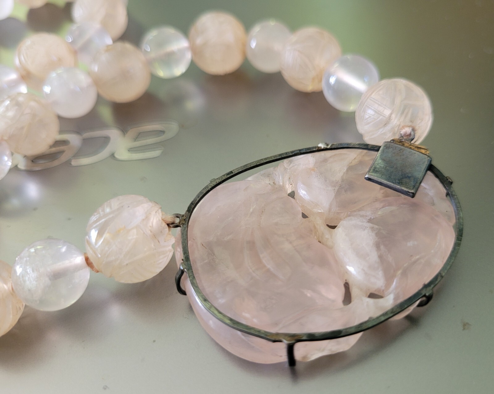 Antique Chinese Circa 1920s Sterling Carved Rose Quartz Beads Pendant Necklace