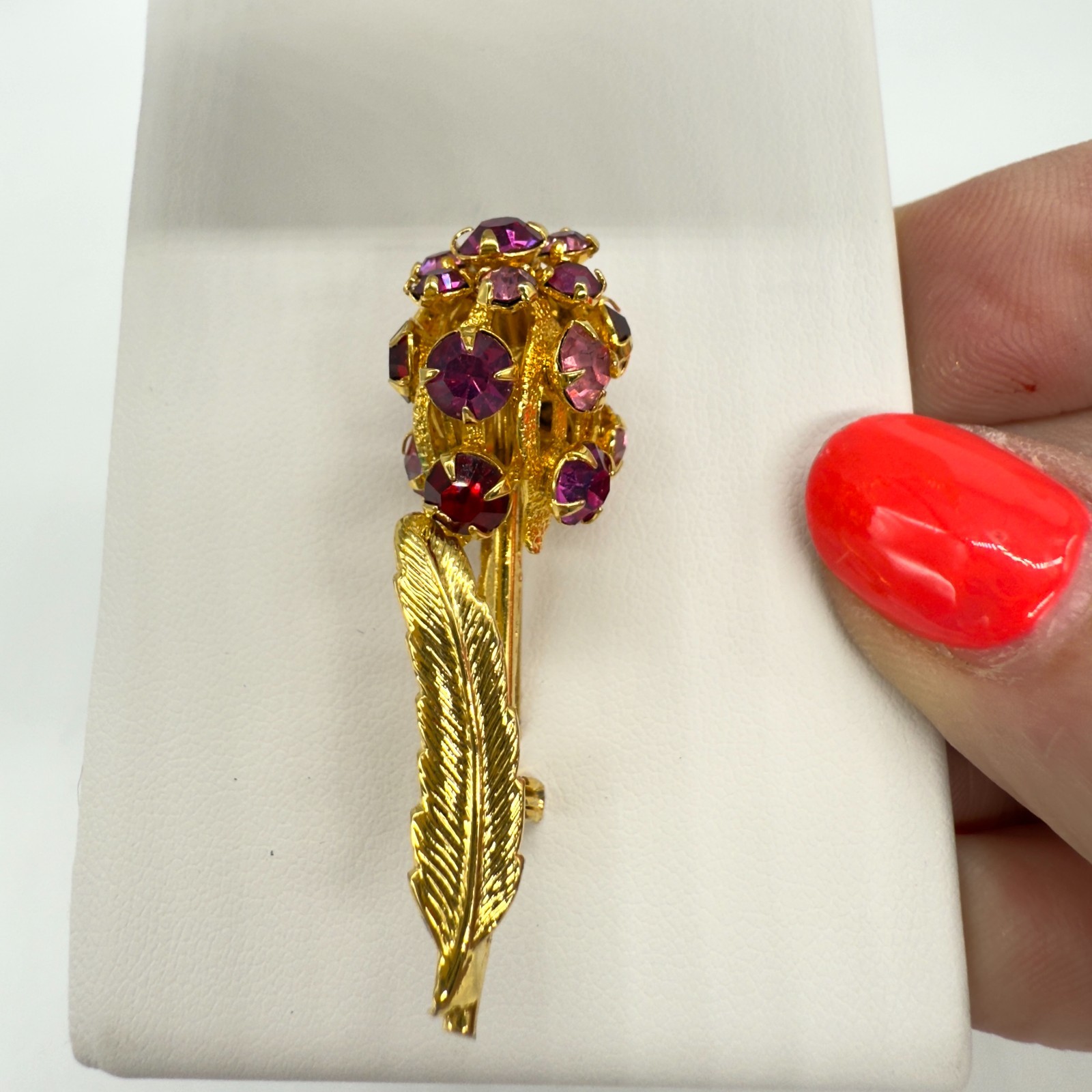 Vintage Flower Brooch and Earring Set Pink Red Rhinestones Gold Tone Clip Ons